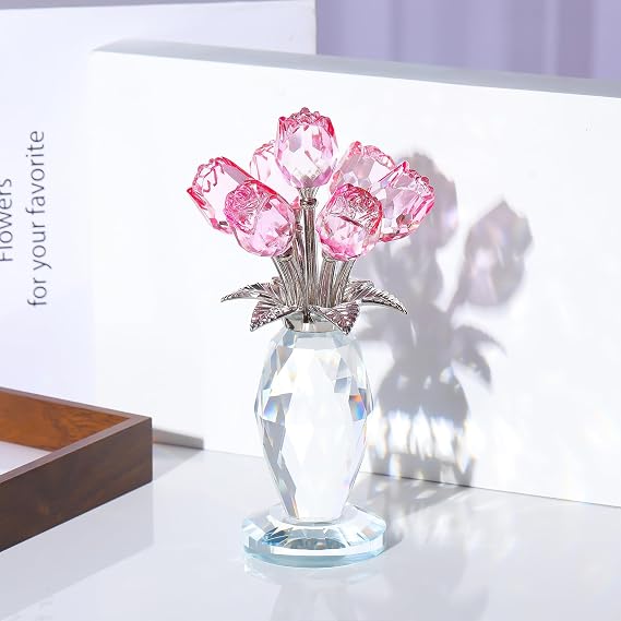 YWHL Crystal Pink Rose Flower Bouquet Figurine with Vase, Handmade Glass Rose Flower Gifts for Women on Mother's Day Birthday Anniversary, Crystal Roses Flowers with Stem Home Table Decor