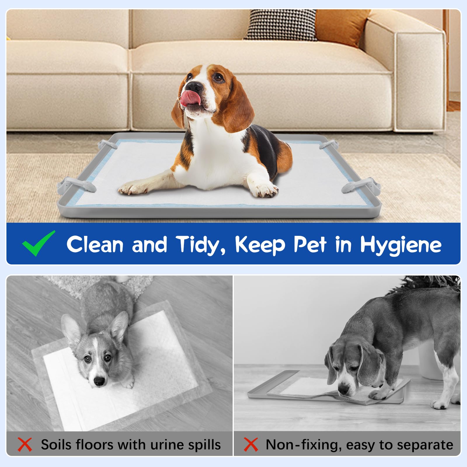 VavoPaw Supporto per Tappetino per Cani, 22"×34" Supporto per Pad del Cucciolo con Morsetti, Bordi rialzati a Prova di perdite per Pad di Pipì del Cane, Lettiera per Cani Facile da Pulire