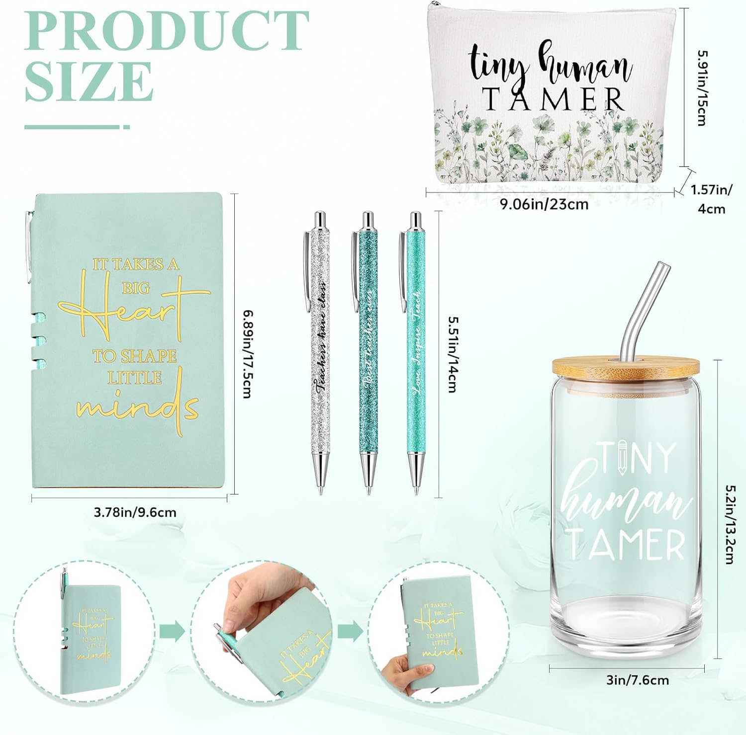 Domensi 6 Pcs Tiny Humans Tamer Teacher Appreciation Week Gift Thank You Gift for Teachers Preschool Daycare Kindergarten 16oz Glass Jar Cup with Straw Leather Journal Ballpoint Pen Makeup Bag(Green) - Image 2