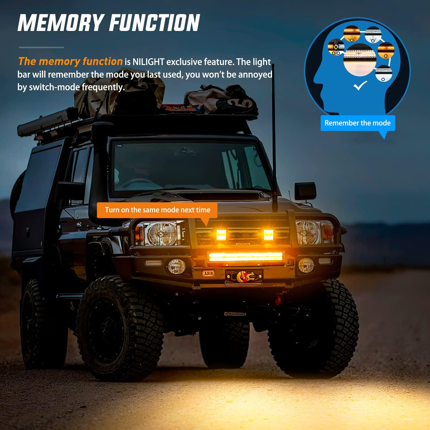 Nilight 22Inch 480W LED Light Bar 2PCS 4Inch 60W Light Pods Amber White Strobe 6 Modes Memory Function Reset Function Off Road Truck with 16AWG Wiring Harness Kit-3 Leads image 5