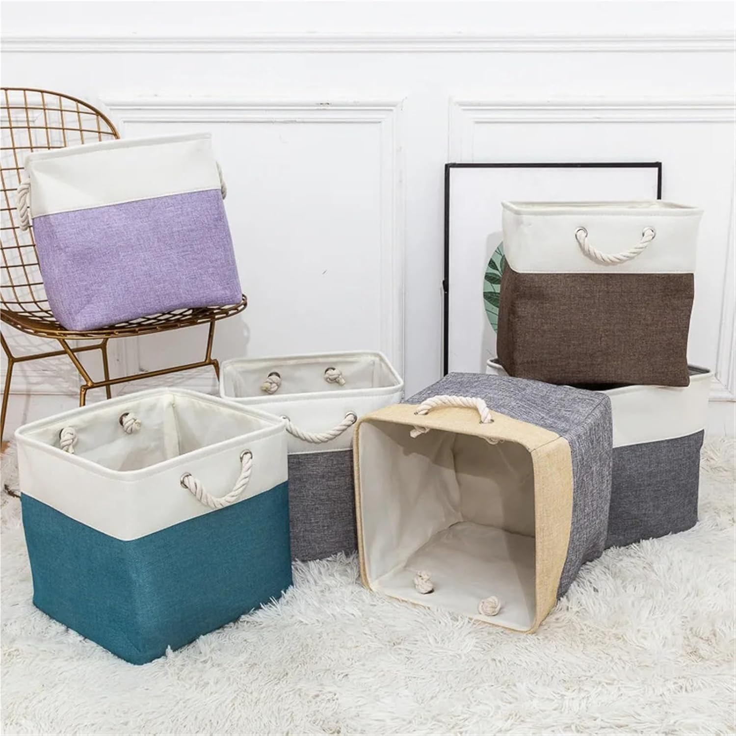 Cube Folding Storage Basket Splicing Linen Cloth Box Clothes Organize Bedroom Closet Large Size for Clothing(White Gray)