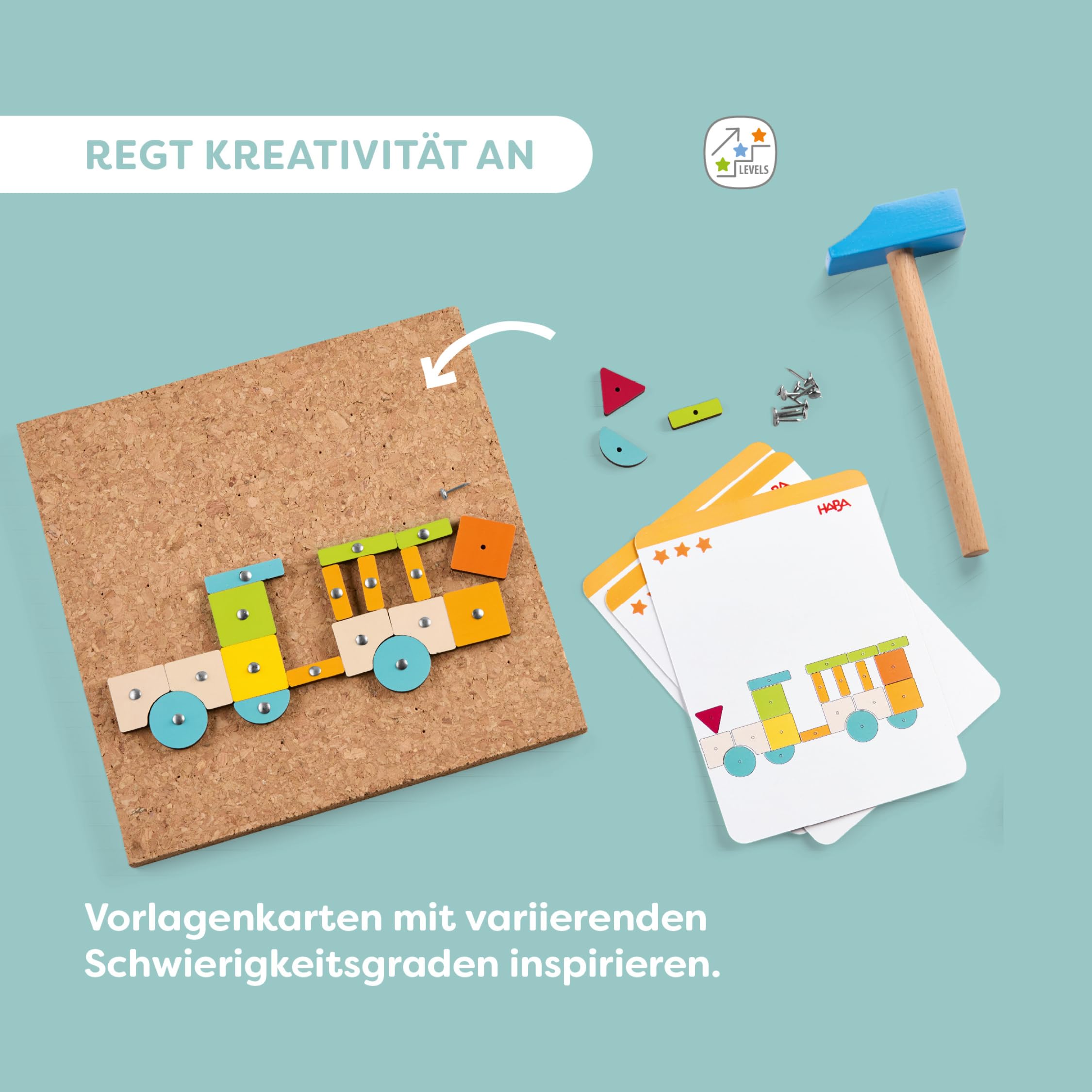 HABA Hammer-Nagelspiel: Geo-Formen – Holzspielzeug mit Hammer und Nägel für Kinder ab 3 Jahren – Kreativspielzeug mit Korkplatte & Vorlagen – 2013791001