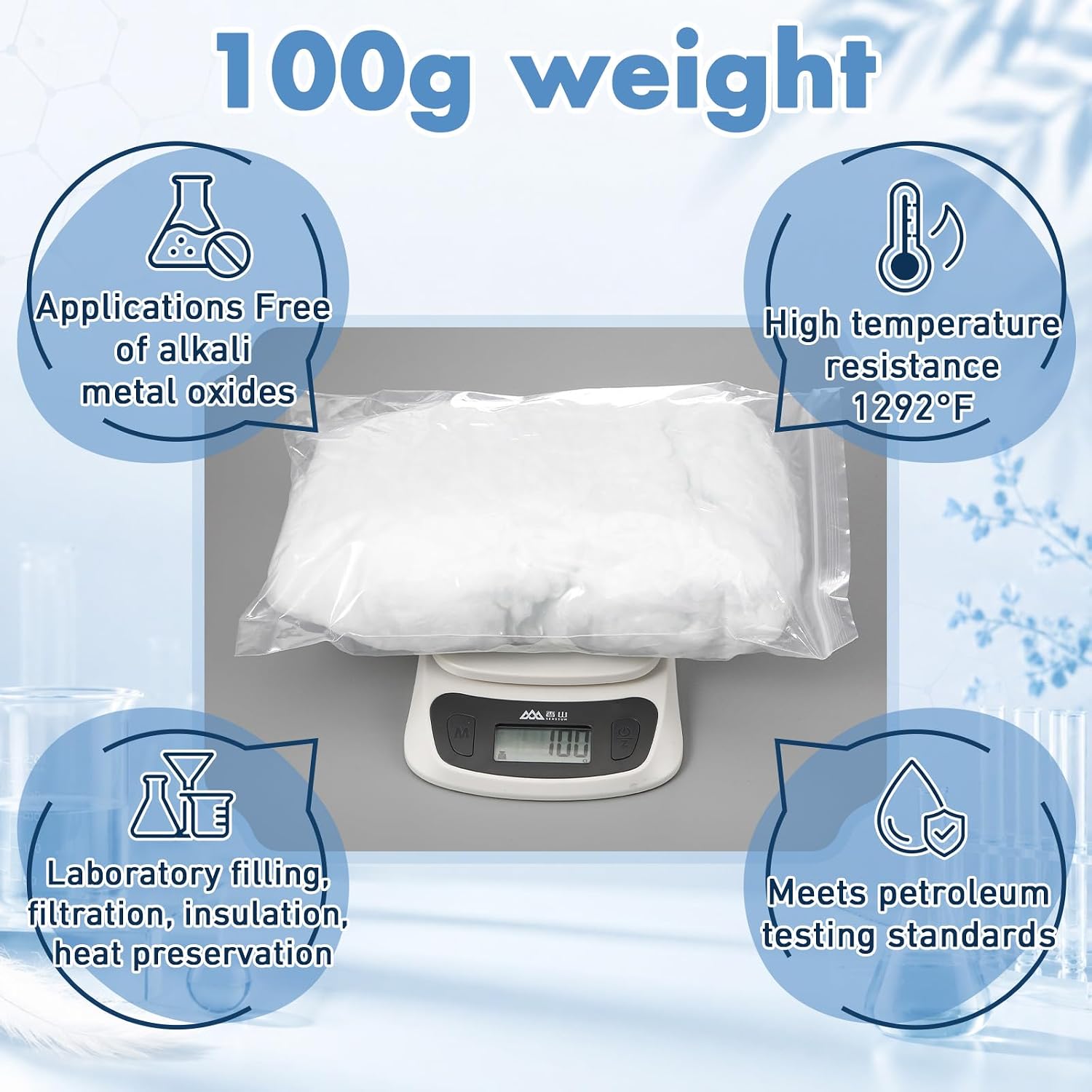 Alkali Free Glass Wool Filter 100g Glass Fiber Cotton Heat Resistant Insulation Material for Laboratory Determination of Petroleum Compounds, Experimental Applications