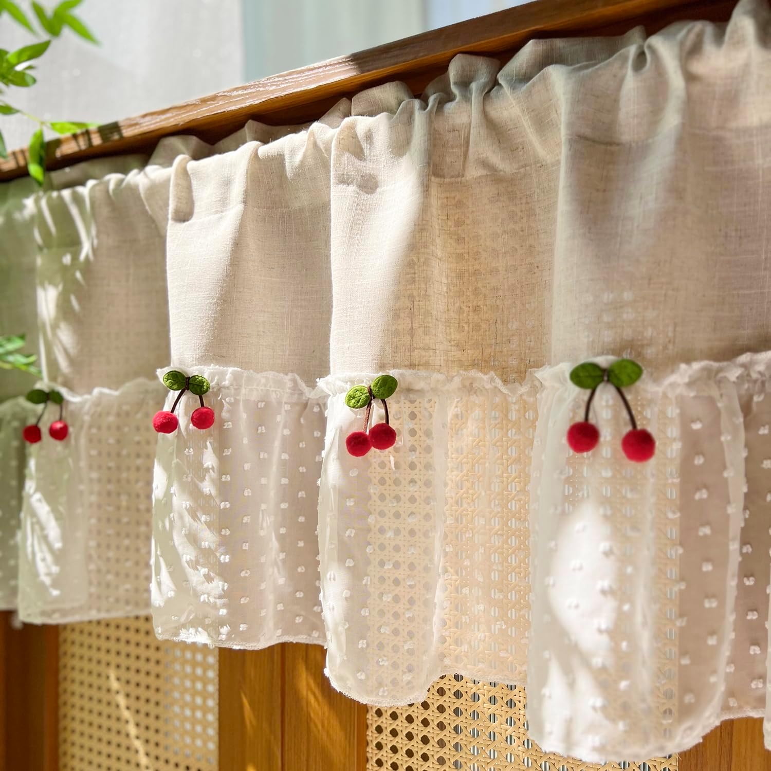 Boho Kitchen Sheer Valance Splicing Lace Pompom Short Curtain Tier Cafe Bathroom Light Filtering Pom pom Window Toppers with Cherry Rod Pocket 2Panels (W59 X L24 INCH,Beige+White,2)