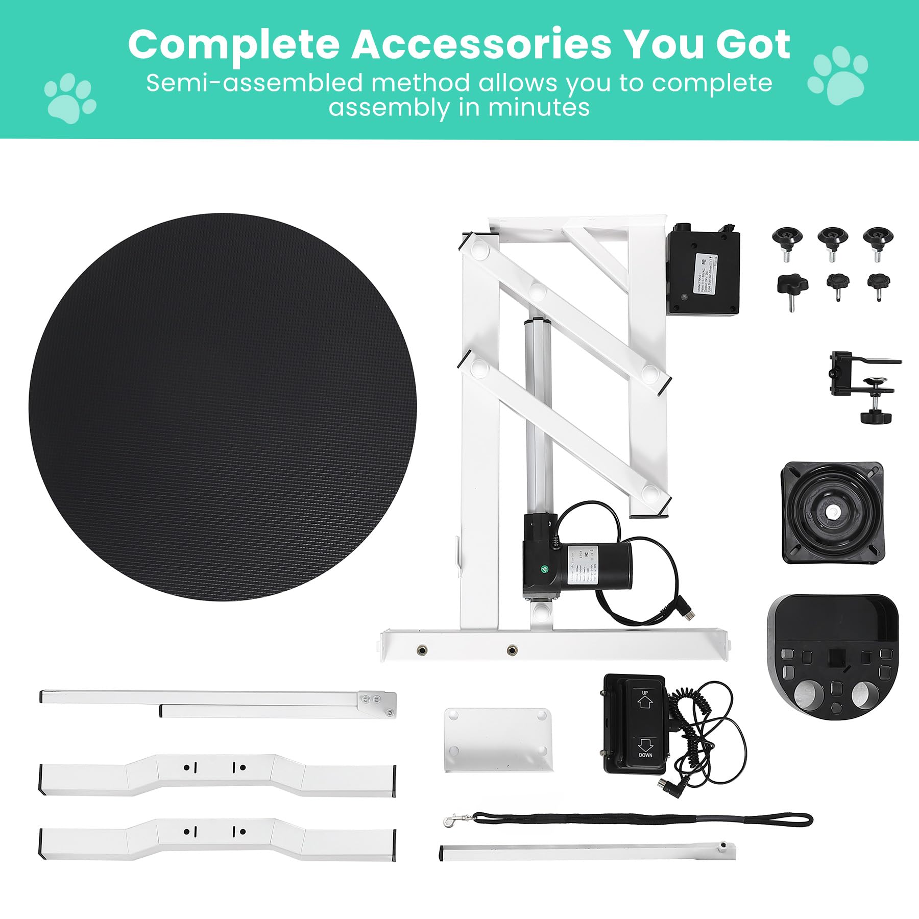 Tavolo elettrico per toelettatura cani da 61 cm, scrivania rotante per piccoli animali domestici, con braccio sopraelevato, telecomando a pedale, organizer per attrezzi, capacità 113,4 kg
