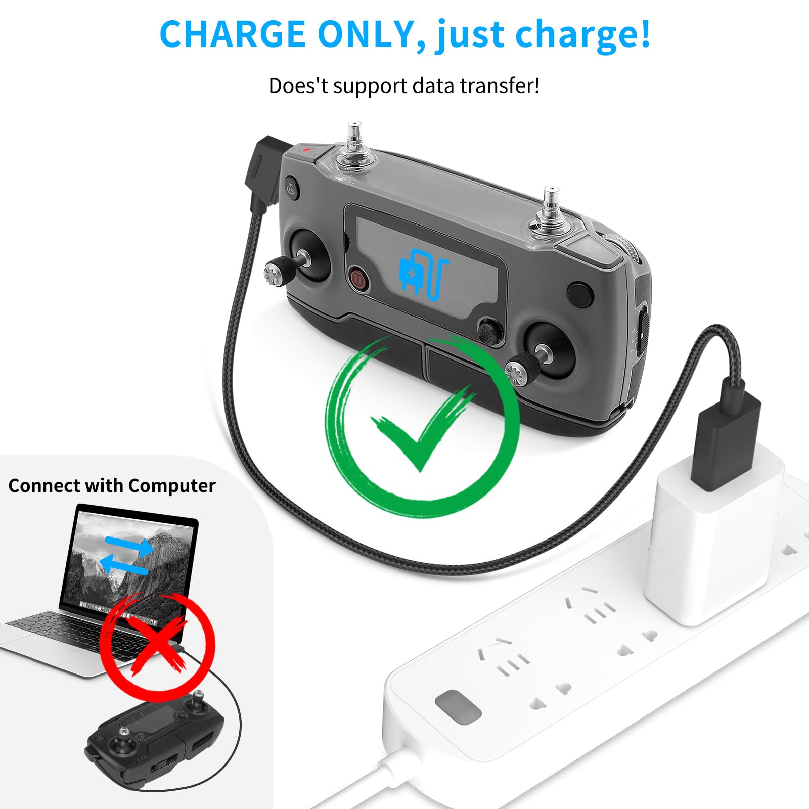 1 m USB A auf USB C Fernbedienungskabel für DJI Mavic 2 Pro Zoom, Mini, SE, Air, Spark Drohne, 90 ° rechtwinkliges Nylon-geflochtenes Ladekabel für DJI Drohnen-Controller, nur Strom, Schwarz