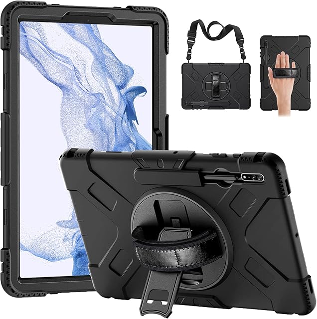 Ztotop Case for Samsung Galaxy Tab S8+ Plus/ S7 FE / S7+ 12.4 Inch, 360 Degree Rotating Stand And Dual Layer Shockproof Protective Cover with Shoulder Strap, Black