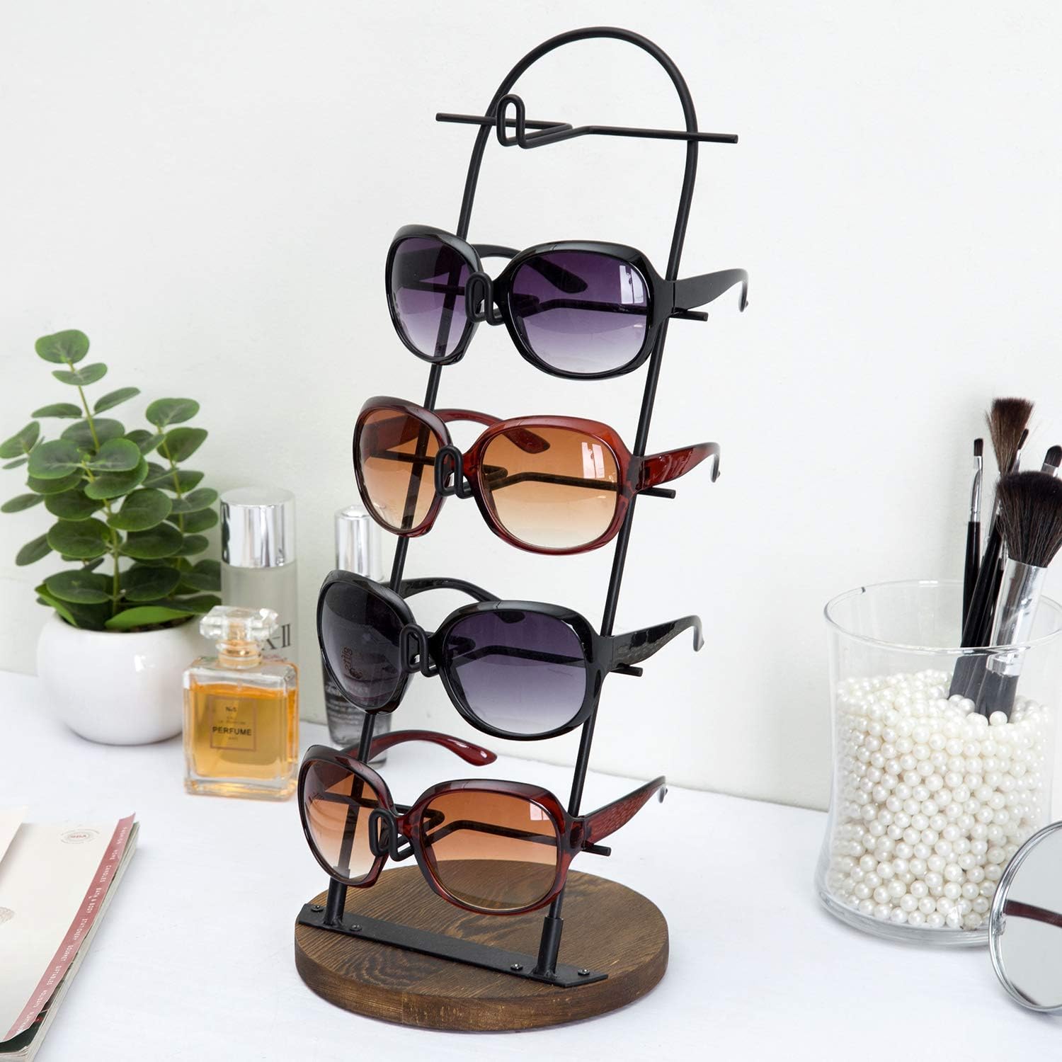 MyGift 5 Tier Black Metal Sunglasses Display Stand Rack Jewelry Organizer Holder for Sunglasses, Eyewear, Glasses with Round Burnt Wood Base