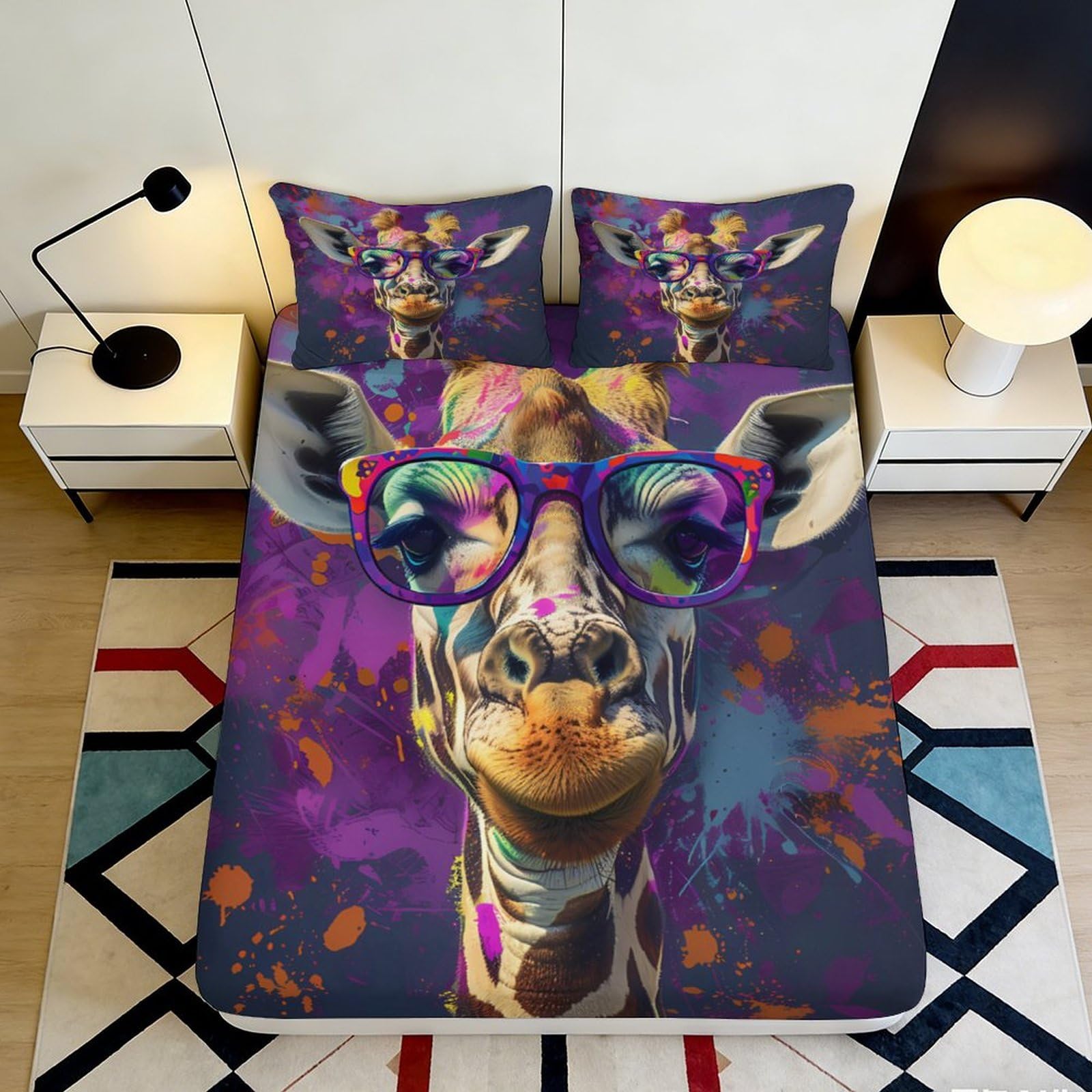 3D Printed Colorful Giraffe Fitted Sheet Microfiber Bed Cover Funky Glasses Art for Bedroom Dorm Decor 90x200x25cm