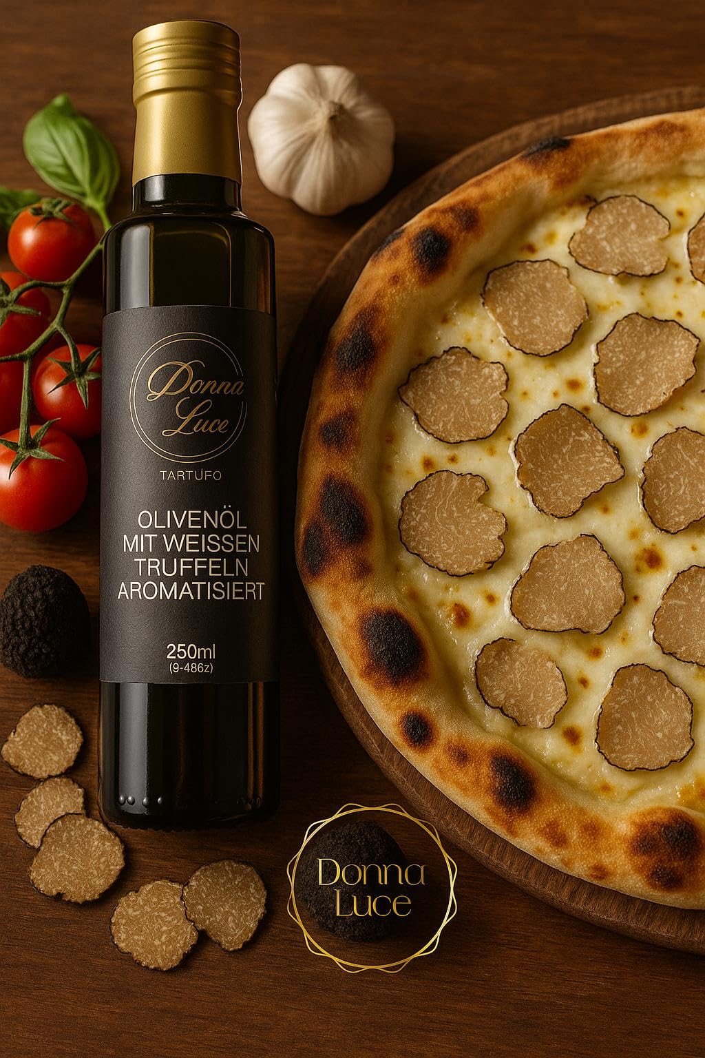 Donna Luce Trüffelöl mit weißen Trüffeln – Aromatisiertes Olivenöl – 250ml – Gourmet Feinkost – Intensiver Trüffelgeschmack – Premium Qualität