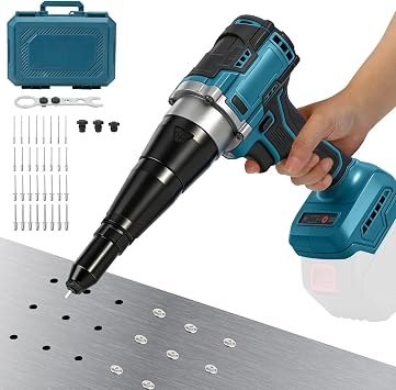 Cordless Rivet Gun Compatible with Makita 18V Battery, 12000N Pulling Force, Brushless Pop Rivet Gun for Aluminum and Steel Rivets 1/8", 5/32", 3/16",for Heavy-Duty Riveting, Metalno Battery