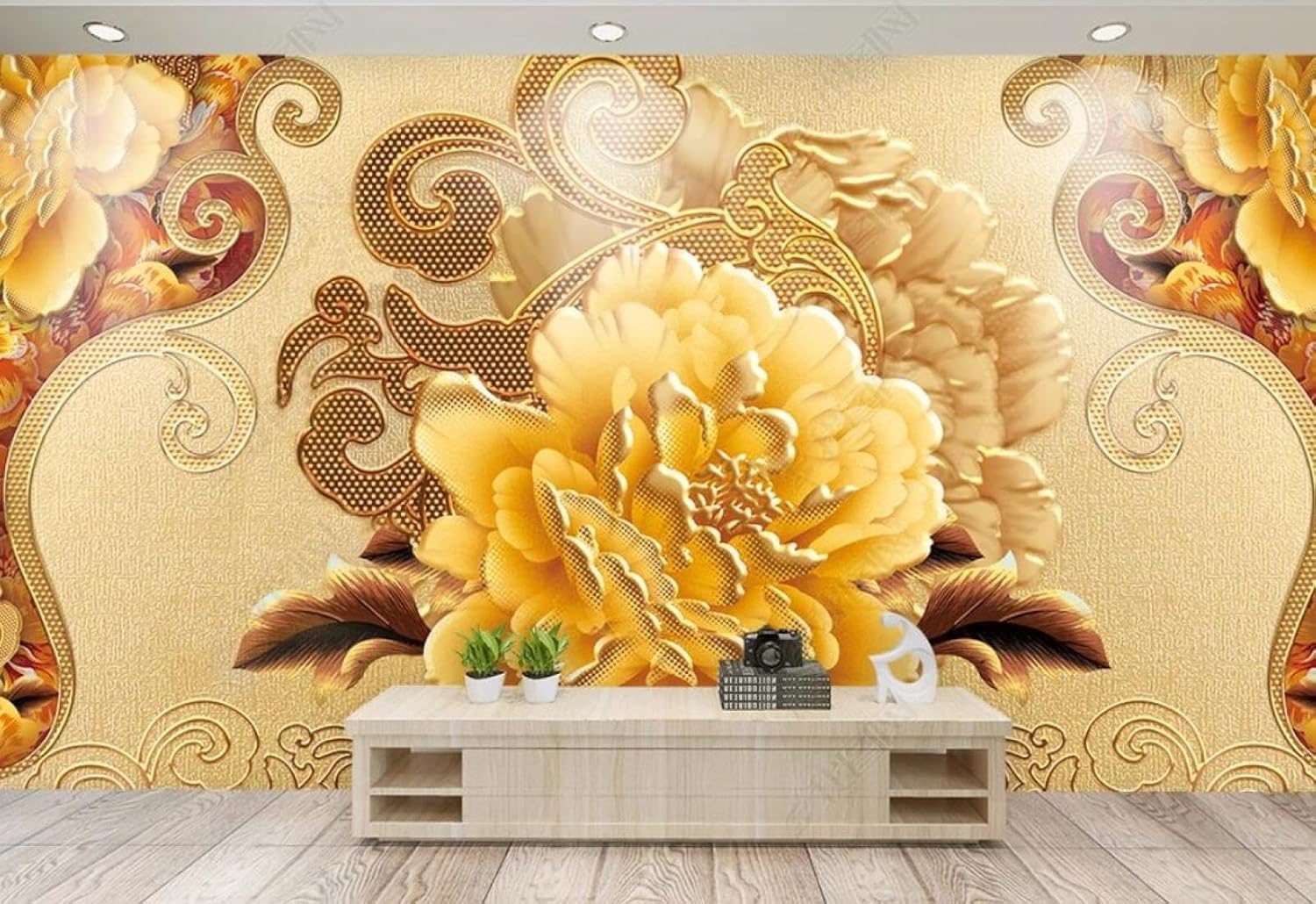 Papier Peint 3D Pivoine D'Or Décoration Murale Intérieure Salon 150x105