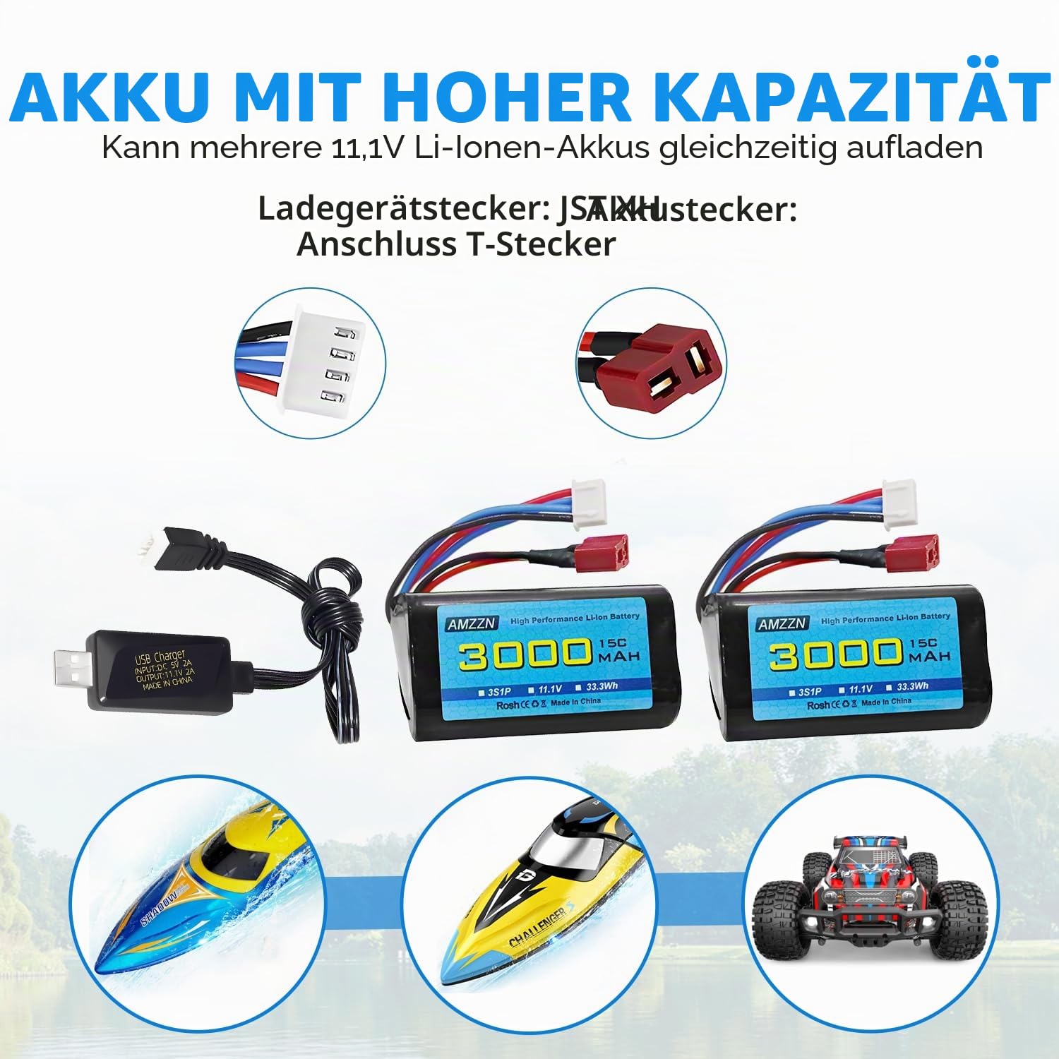 2 Stück 11.1V 3000mAh 15C 3S T-Plug Li-Ion Akku mit USB-Ladegerät, geeignet für R608 2104 Boot bürstenlose Fernbedienung, 210E 200E Auto bürstenlose Fernbedienung