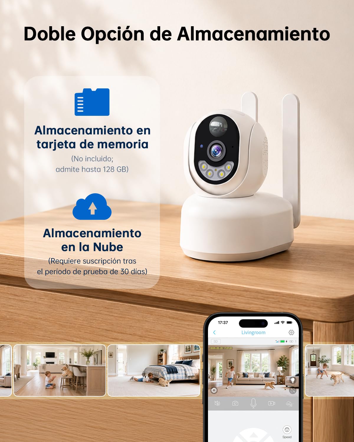 NUASI 4G LTE Camara Vigilancia Interior con Tarjeta SIM Inalámbrica, 2K HD | 360° PTZ IP Cámara de Seguridad con Batería, sin WiFi, Visión Nocturna a Color, Detección de PIR, Audio Bidireccional, IP66