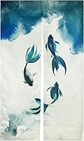 Vista 8 de LIGICKY Cortina de puerta Noren japonesa estilo chino de lino con estampado de hojas de loto y pescado de koi, tratamiento asiático para ventana