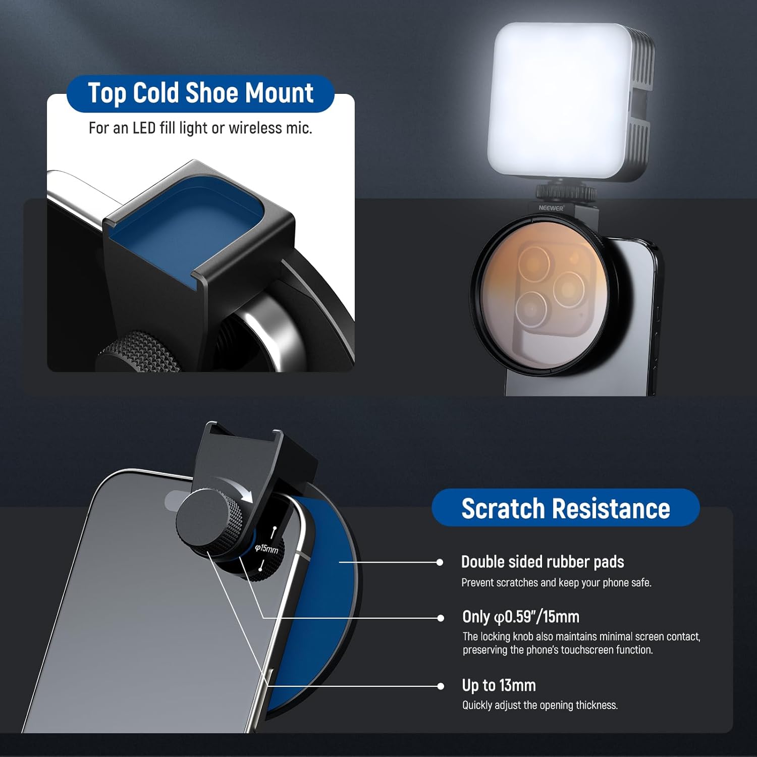 NEEWER Clip On 67mm Phone ND Filter Kit with Cold Shoe Lens Clip, CPL/ND32/6 Point Star/4 Graduated Color Filter Compatible with iPhone 17 16 16e 15 Android Samsung Galaxy S25 Ultra S24