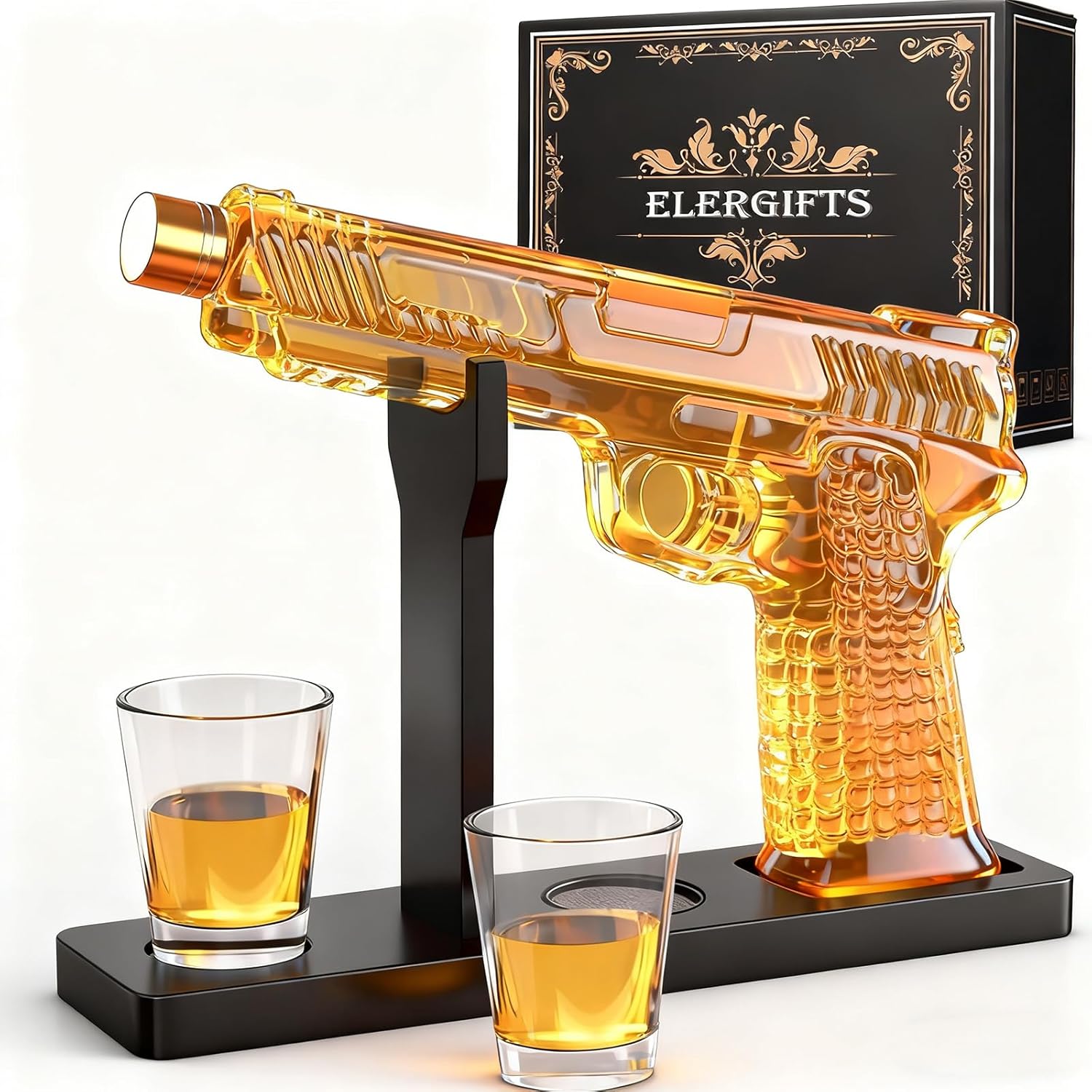 Whiskey Decanter Sets for Men, 10.5oz/300ML Handcrafted Gun Decanter Set with Shot Glass, Unique Birthday Gifts Idea for Dad, Husband, Boyfriend, Brother, Gun Liquor Dispenser Fun Conversation Starter
