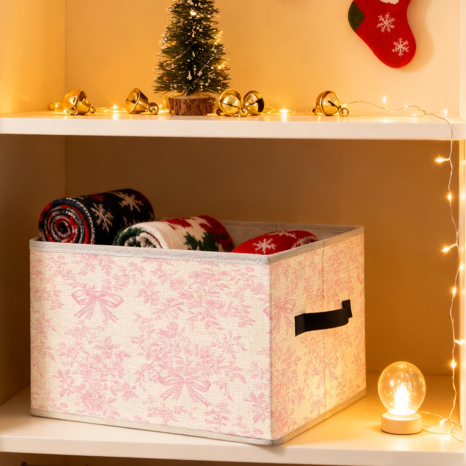 Pink Coquette Bow Floral Storage Bins, French Country Rustic Pink Flower Foldable Closet Organizers Storage Basket Toybox for Girls Room Clothes Bed Sheets Blankets Toys