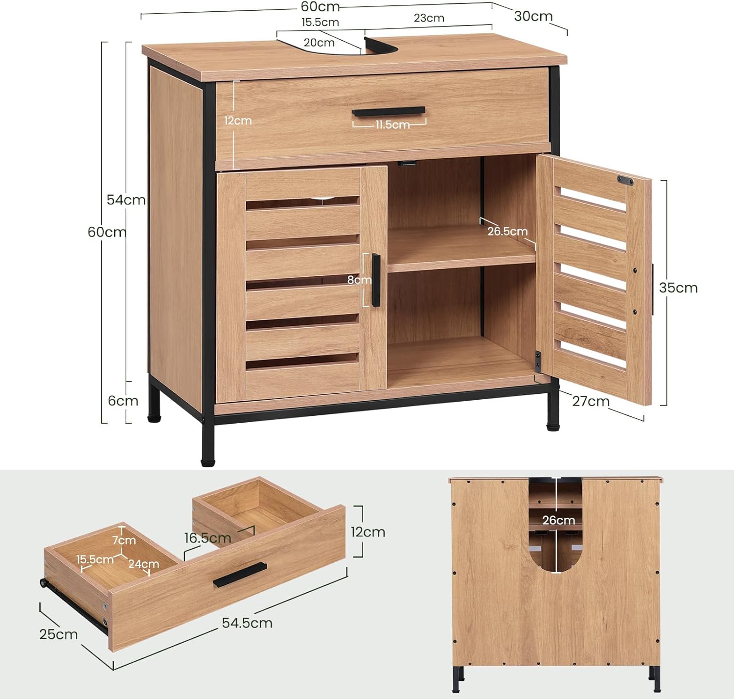 Diagram showing all dimensions and individual parts of the EUGAD under-sink cabinet.