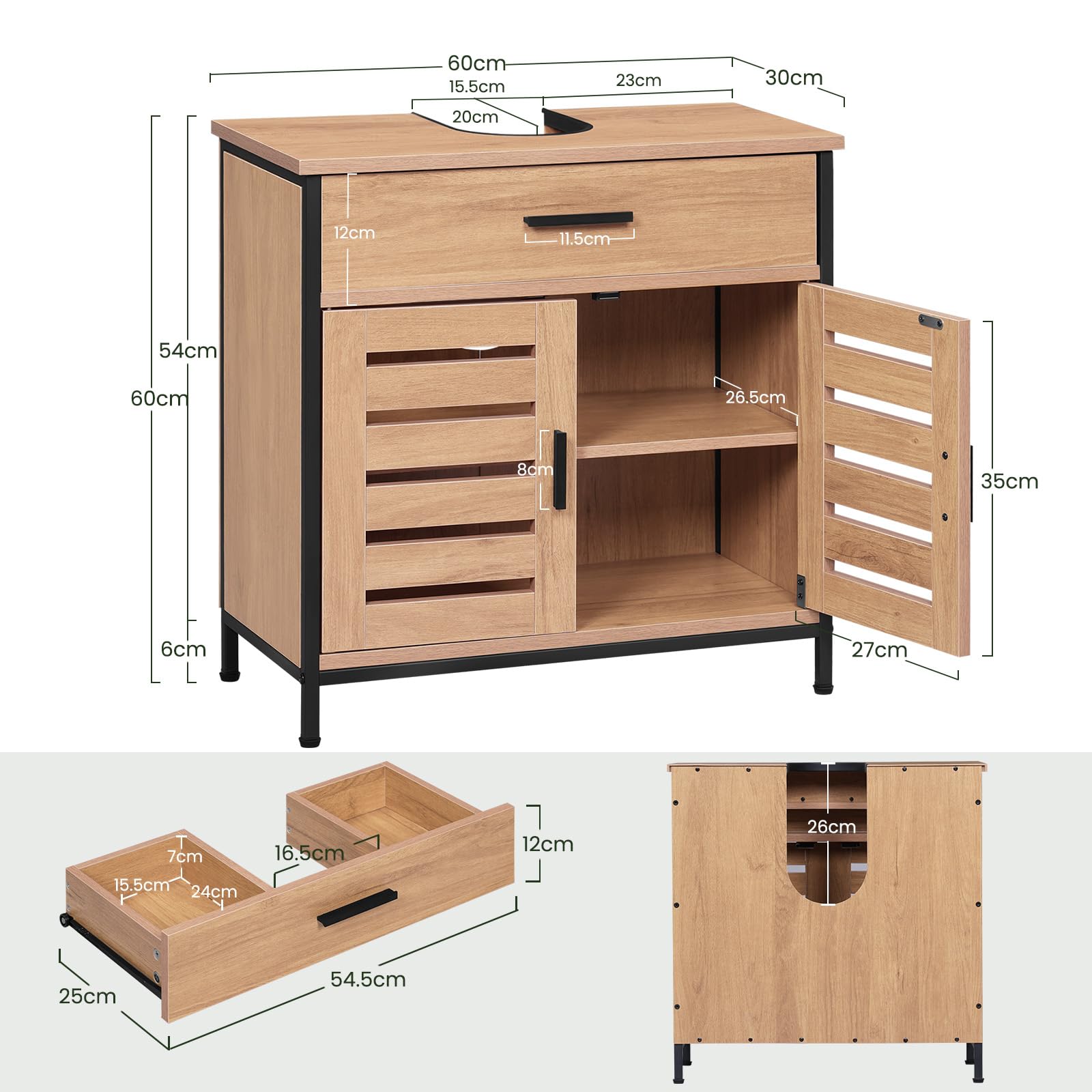 EUGAD Waschbeckenunterschrank, Badezimmer Unterschrank Waschbecken, Badezimmerschrank mit Schublade, 2 Türen, verstellbare Ablage, freistehend, 60x60x30 cm, Helle Eiche