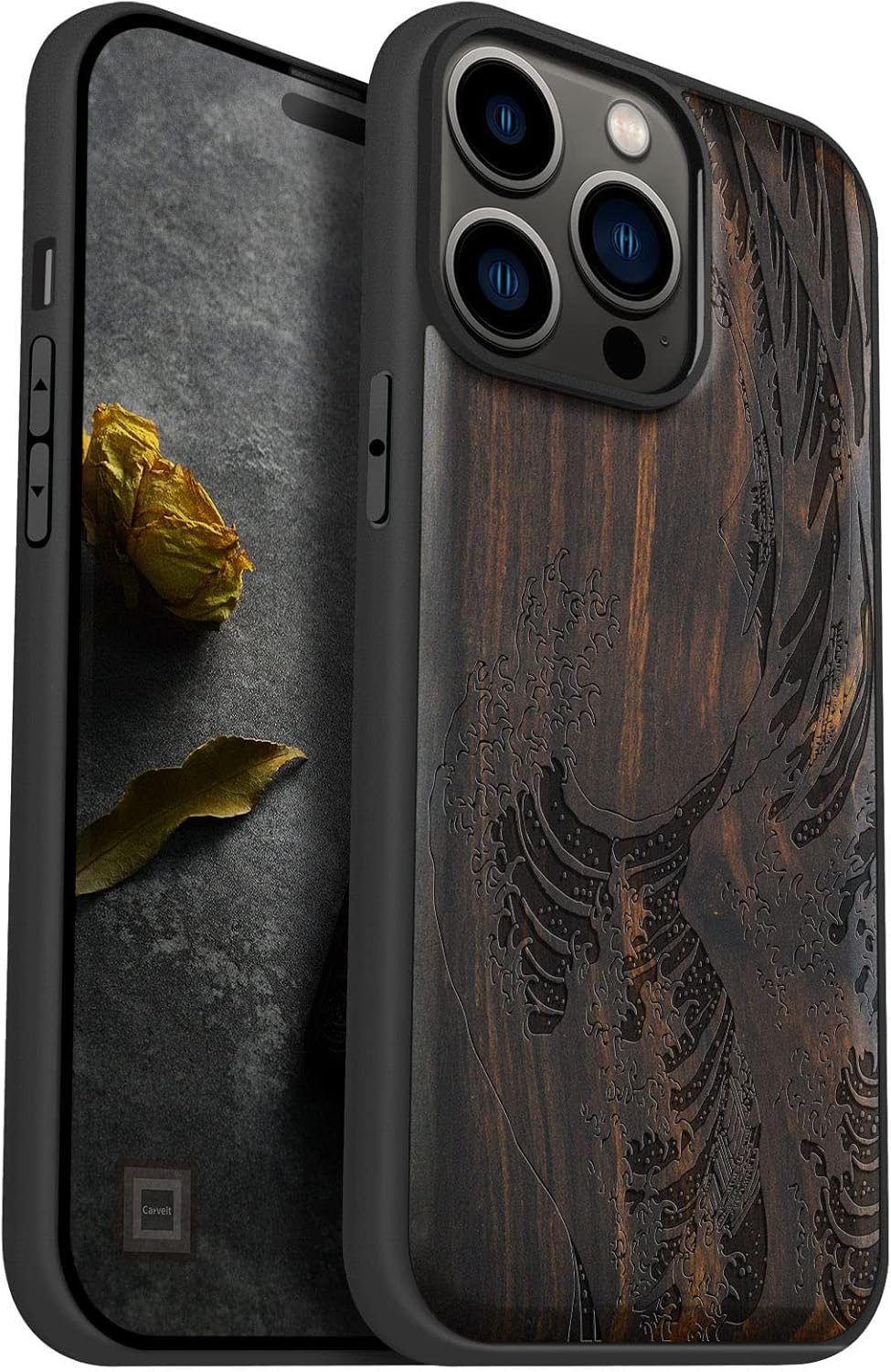 Carveit Magnetic Wood Case for iPhone 14 Pro Max [Natural Wood & Black Soft TPU] Shockproof Protective Cover Wooden Case Compatible with magsafe (The Great Wave Off Kanagawa -Blackwood)