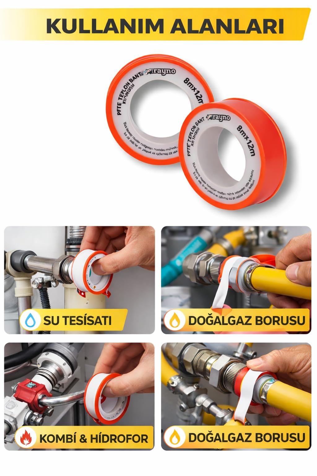 Rayno PTFE Teflon Bant 8mm x 12m | Su ve Gaz Tesisatı için Sızdırmazlık Bandı | Yüksek Dayanım
