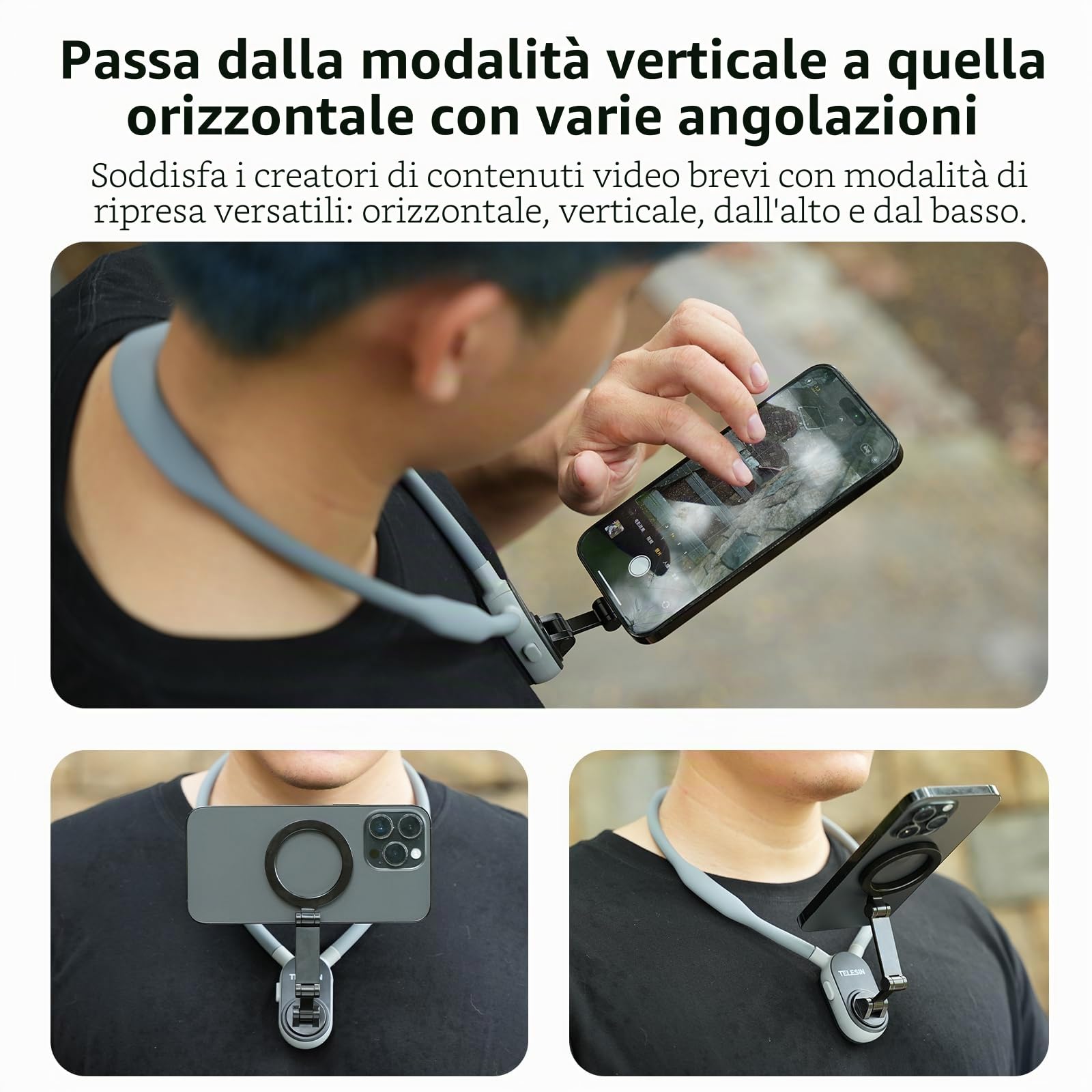 TELESIN° Supporto Magnetico per Telefono da Collo, POV/VLOG Collana Magnetica per Telefoni Cellulari per Magsafe Portacellulare da collo Accessori per telefoni cellulari per iPhone Android (Gray)