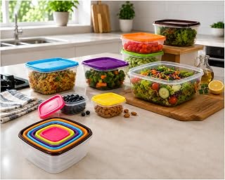 7 Piece Food Storage Set with Rainbow Colored Lids, Stackable Plastic Containers for Kitchen Organization, Clear, BPA Free + Vegetable Peeler with Ergonomic Handle, Stainless Steel Blade