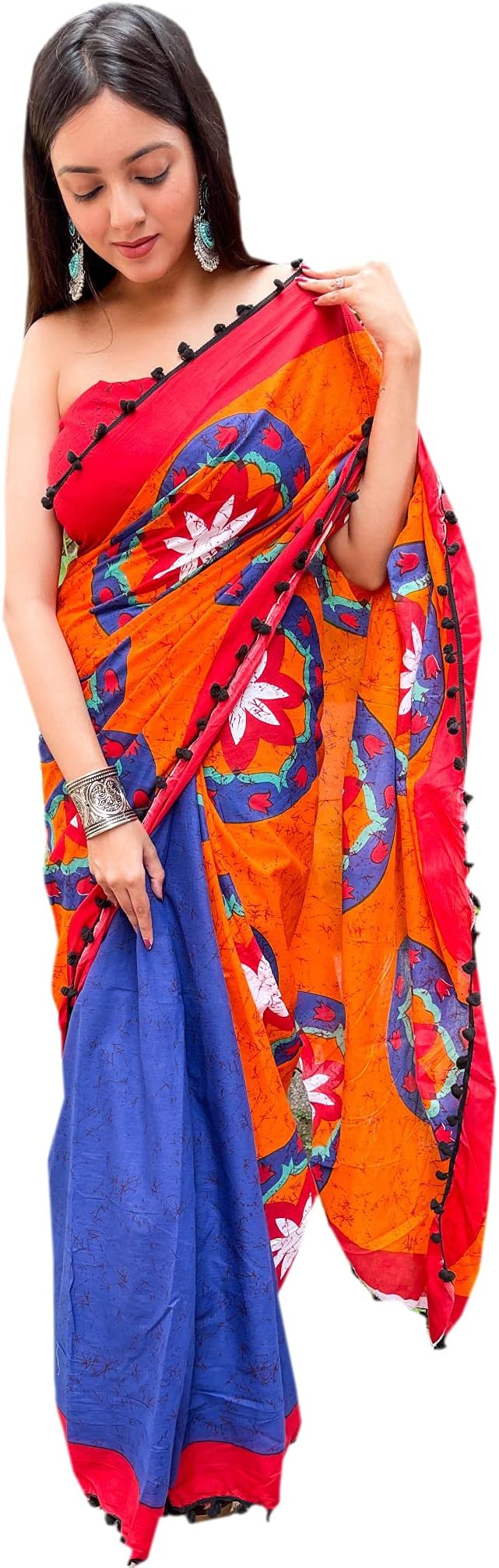 Shivanya Handicrafts Women's Hand Block Batik Bagru Jaipuri Ikat Printed Handloom Pure Cotton Mulmul Traditional Cotton Sarees With Printed Blouse Piece With Pom Pom Lace (Orange,Blue)_SH-0916