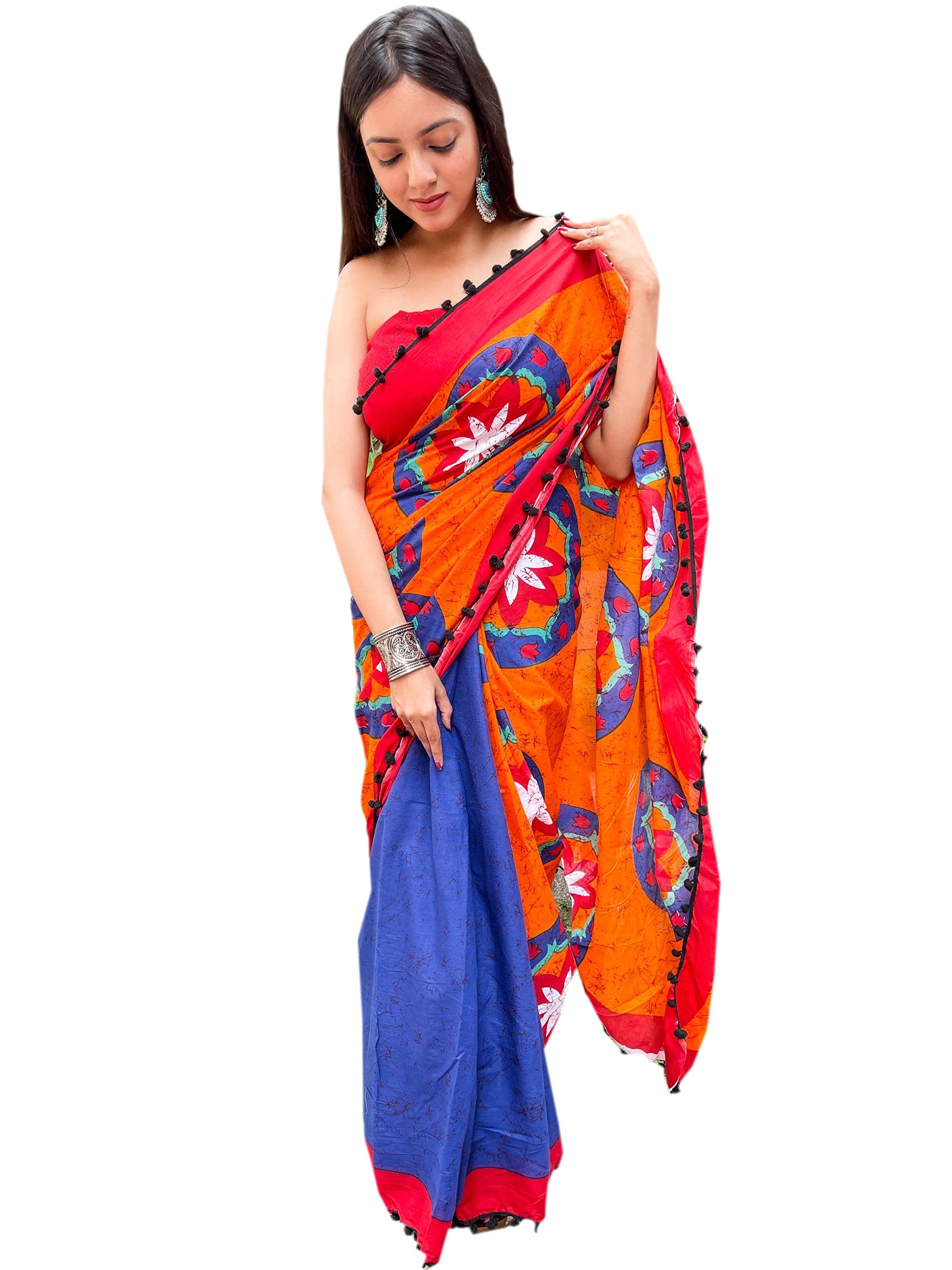 Shivanya Handicrafts Women's Hand Block Batik Bagru Jaipuri Ikat Printed Handloom Pure Cotton Mulmul Traditional Cotton Sarees With Printed Blouse Piece With Pom Pom Lace (Orange,Blue)_SH-0916
