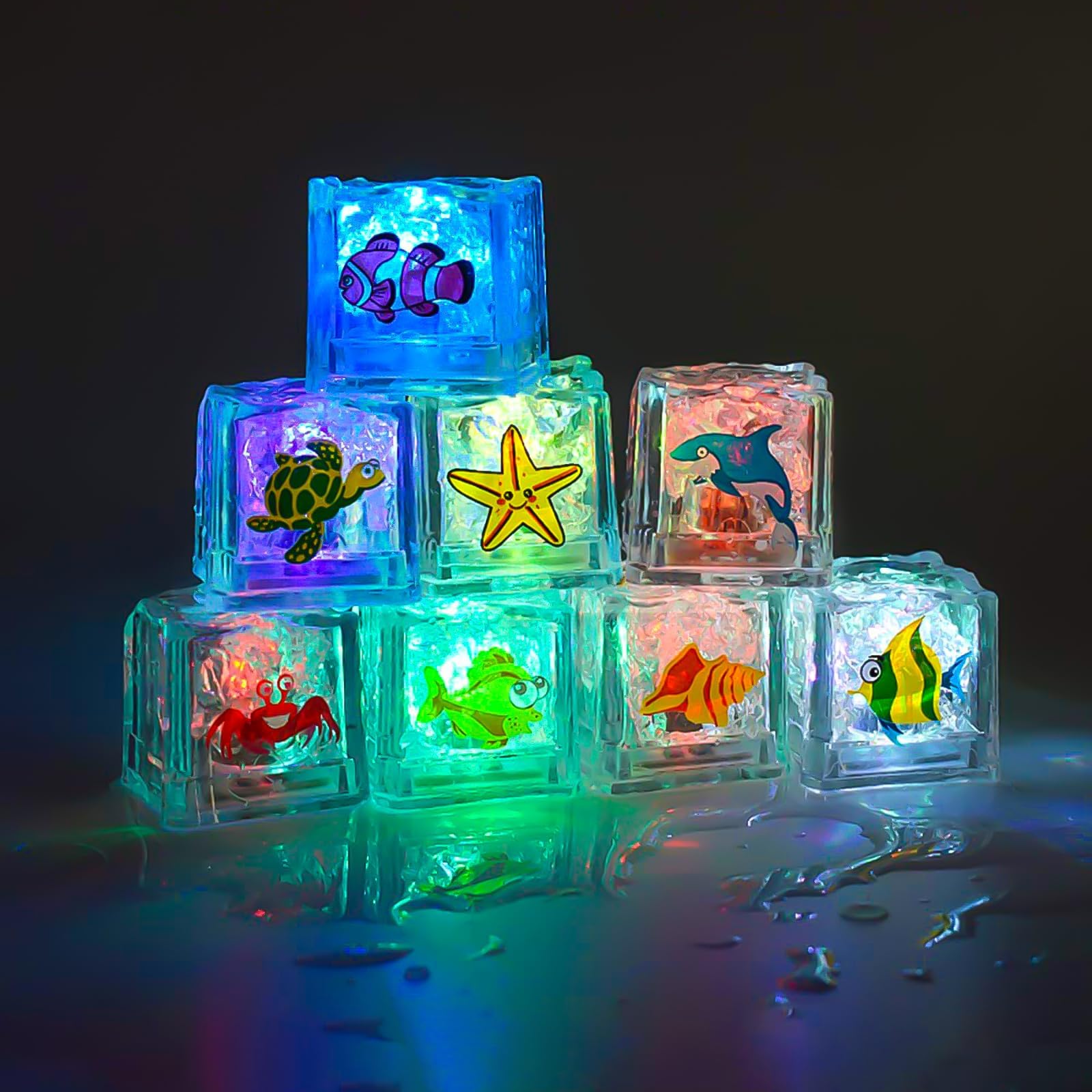 Light Up Baby Bath Toys 8 Pcs Glowing Color Changing Ice Cube Bath Toys for Toddlers, LED Light Up Ice Cubes Bathtub Toys for Bathroom Shower Game Swimming Pool Party