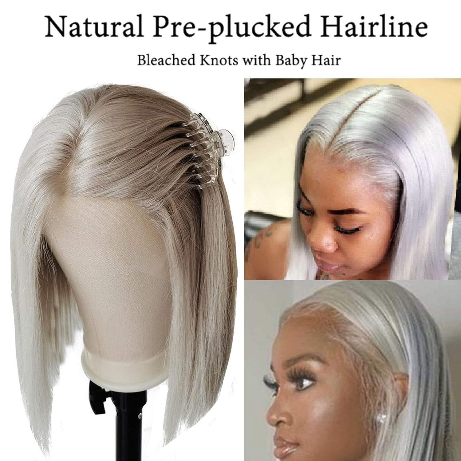 Short Bob Wigs Human Hair for Women, 13x4 HD Lace Front Bob Wigs 180% Density Straight Remy Virgin Hair Transparent Lace Wigs (8 Inch, Grey)