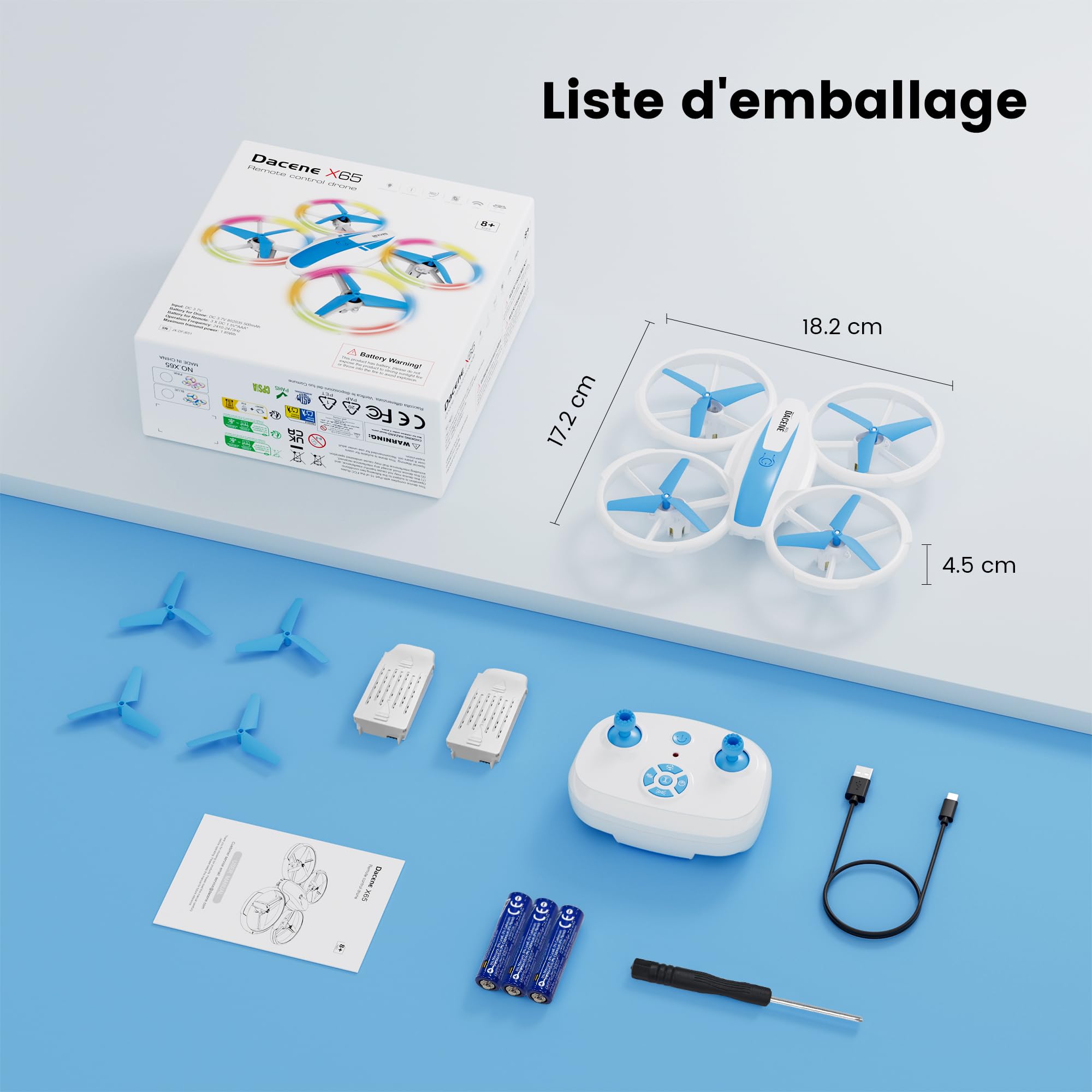 Drone Enfant Mini Avion Télécommandé avec Lumières LED 360°Rotation 2 Batteries Jouet Cadeau pour Garçons et Filles Bleu