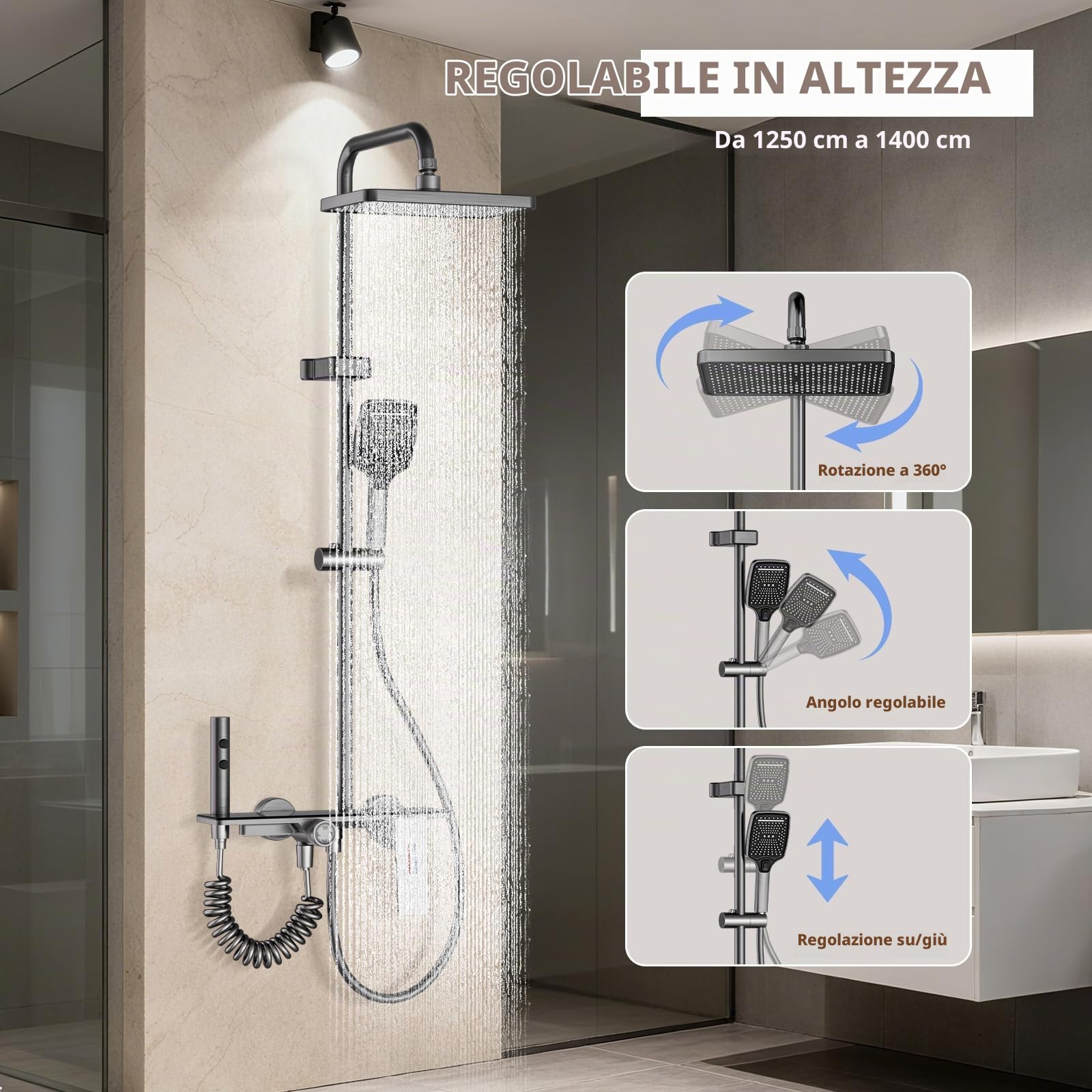 Colonna Doccia con Miscelatore, Kit Doccia Con Soffione e Doccetta, Sistema Doccia Idromassaggio con Pistola a Spruzzo e Rubinetto per Vasca, 130cm Asta Doccia