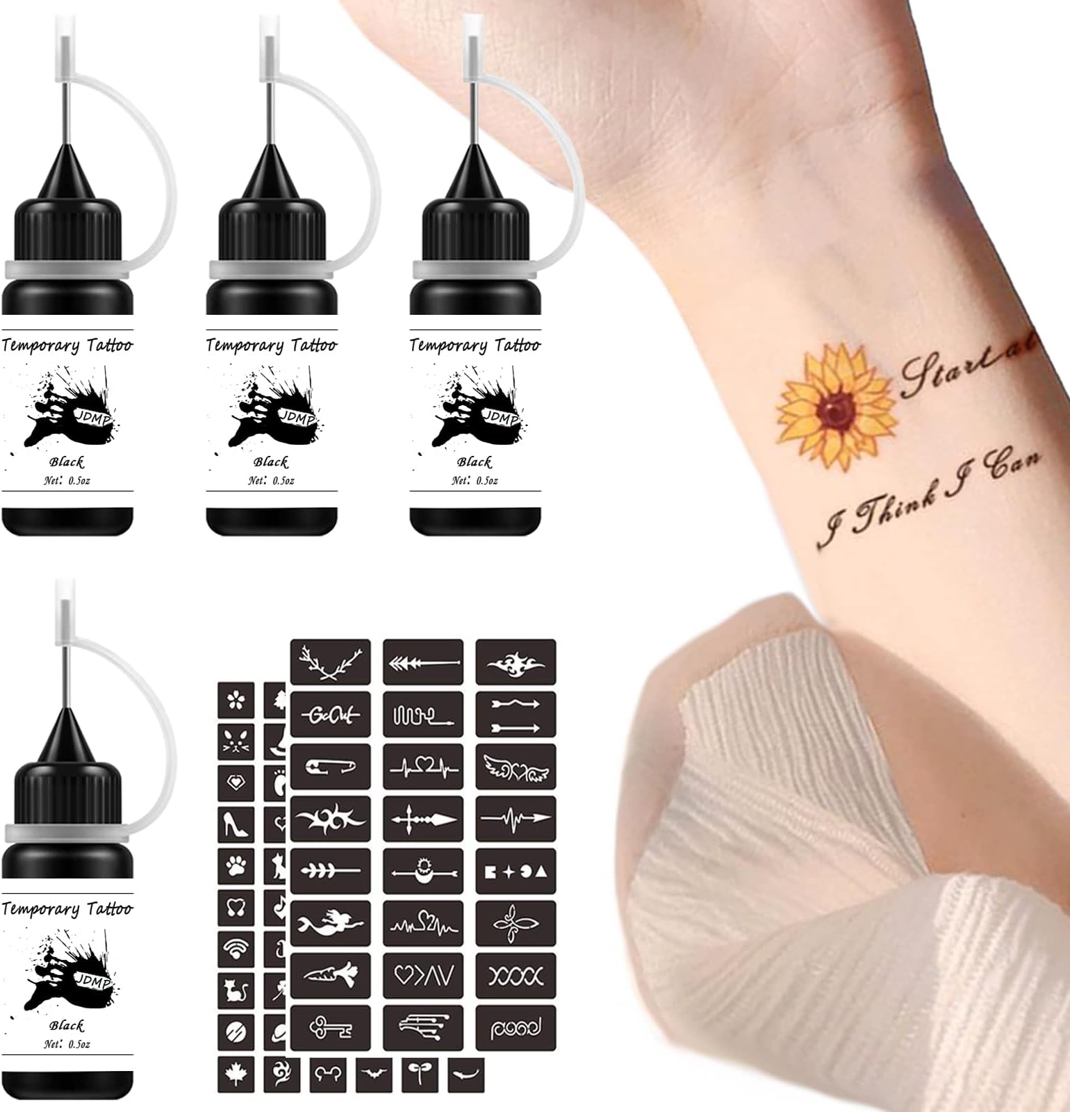 NewCraft Temporary Tattoo Inks Kit, Semi Permanent Tattoo Jagua Freehand Ink with 84 Adhesive Stencils, 4 Bottles Black Tattoo Kit Inkbox DIY for Women Men Body Art Painting