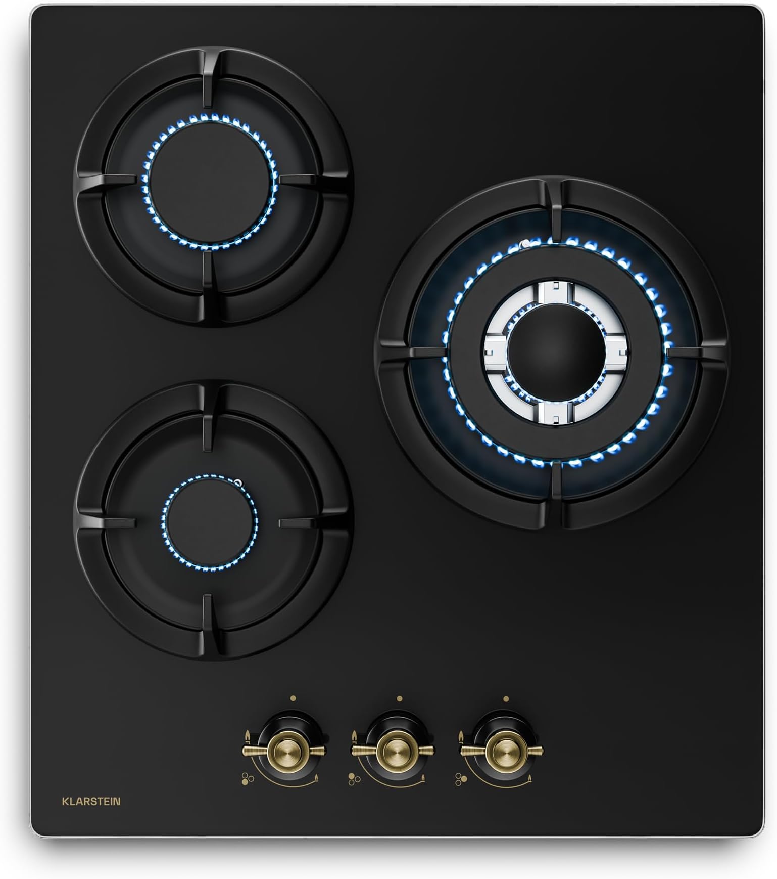 Klarstein Victoria Gas Hob, 45cm Retro Glass Cooktop, 3 Burners, 6050W, LPG & Natural Gas Compatible, Electric Ignition, Flame Failure Protection, Hose & Regulator Set, Black