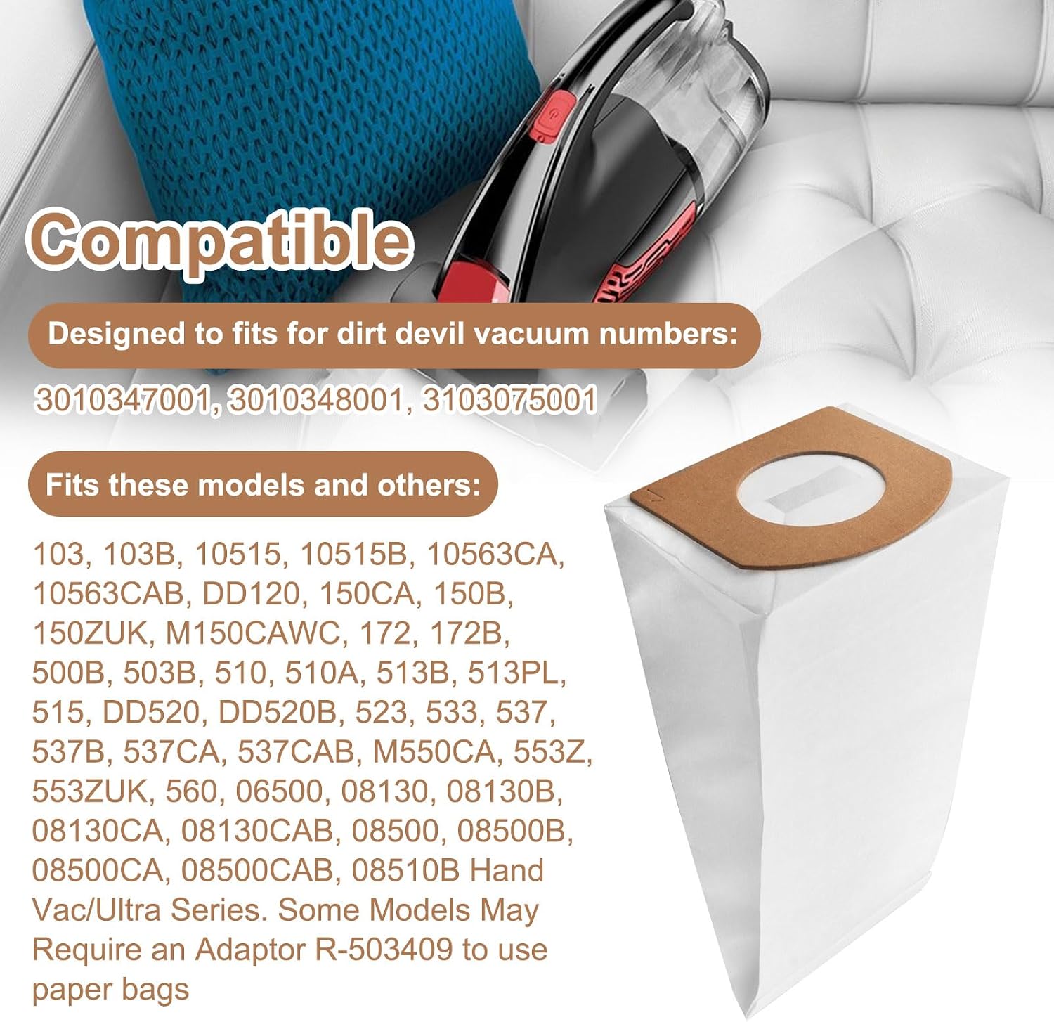 3010347001 Type G Bags Fits for Dirt Devil Vacuum Bags and Royal Hand Held Vacuum Cleaner, 3010347001, 3010348001, 3103075001 (6 PCS)