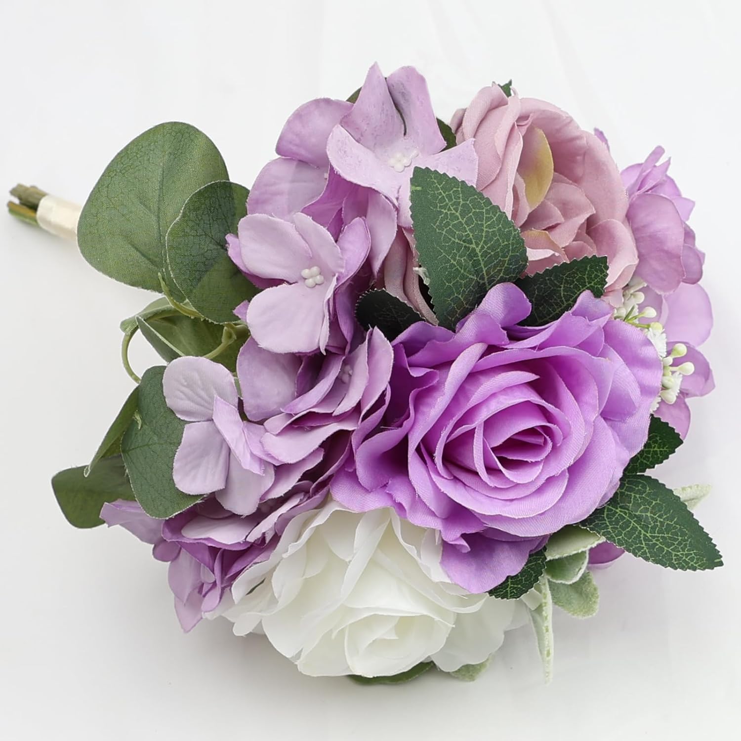 7 Inch Bridesmaid Bouquets Set of 4, Artificial Flower Wedding Bouquets for Bridesmaids Realistic Small Rose Bouquet for Vintage Rustic Country Boho Wedding Decorations - Purple & White