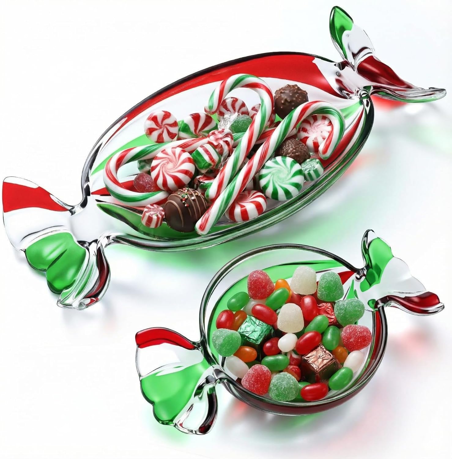 Maxcheck 2 Pcs Christmas Candy Platter Glass Candy Dish Tray Decorative Dessert Plate for Xmas Parties Holiday Treats Bowls Crystal Fruit Plates for Party Snack Storage (Small and Large,Green)