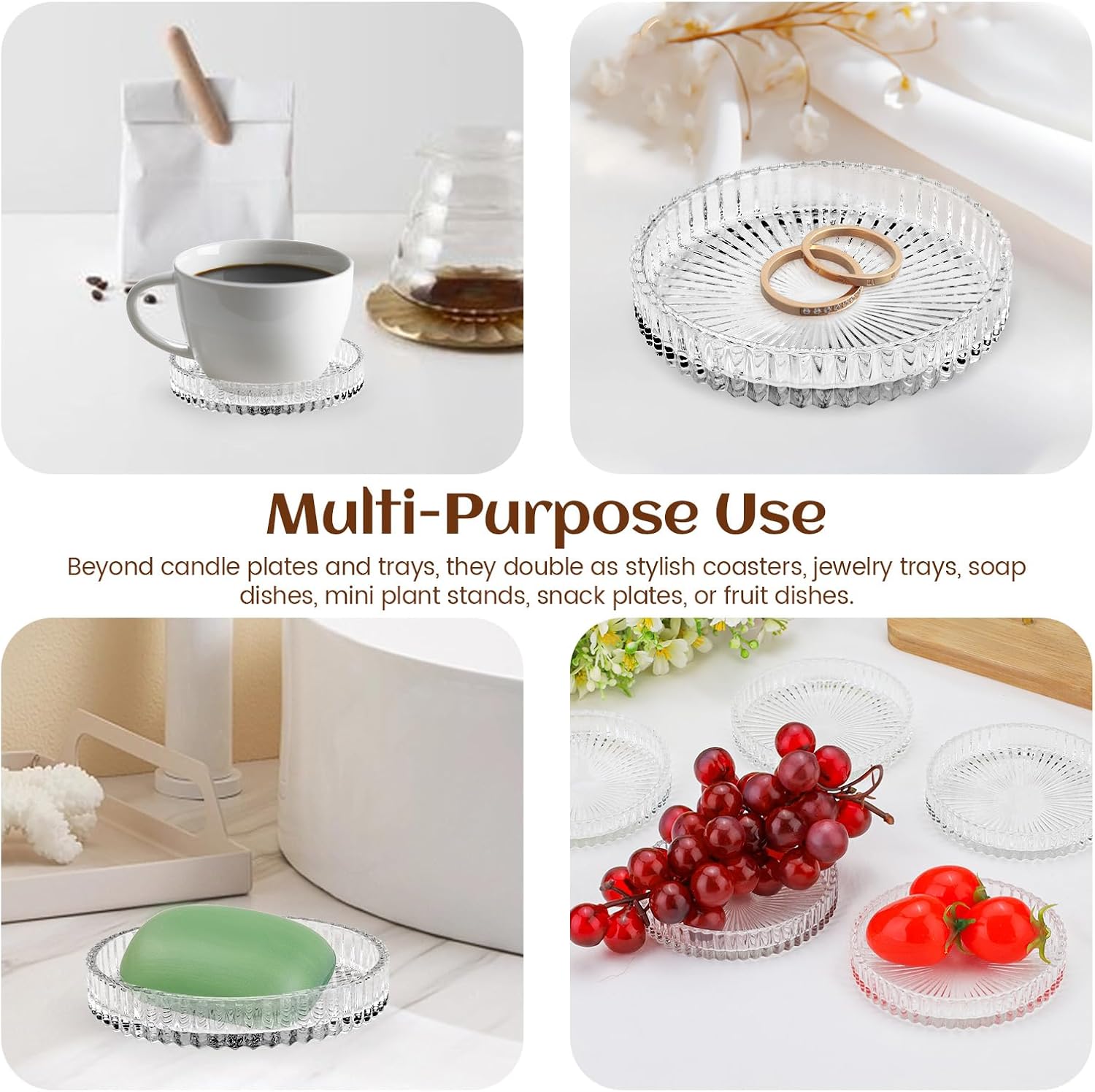 Glass Pillar Candle Holder Plate, Set of 6, 3.5'' Round Crystal Clear Candle Tray Dish Decorative Stand for Dinning Wedding Party Table Centerpiece Decor