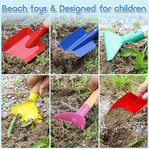 Vista 6 de 6 piezas de herramientas de playa para niños, juguetes de arena de playa para niños, hechos de metal con mango de madera resistente, juego
