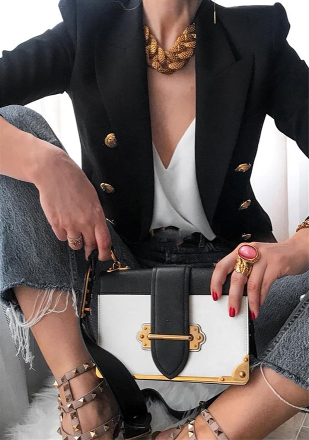 YMING Womens Double Breasted Long Sleeve Blazer Lapel Open Front Jacket Solid Color Work Office Coats with Pockets - Image 2