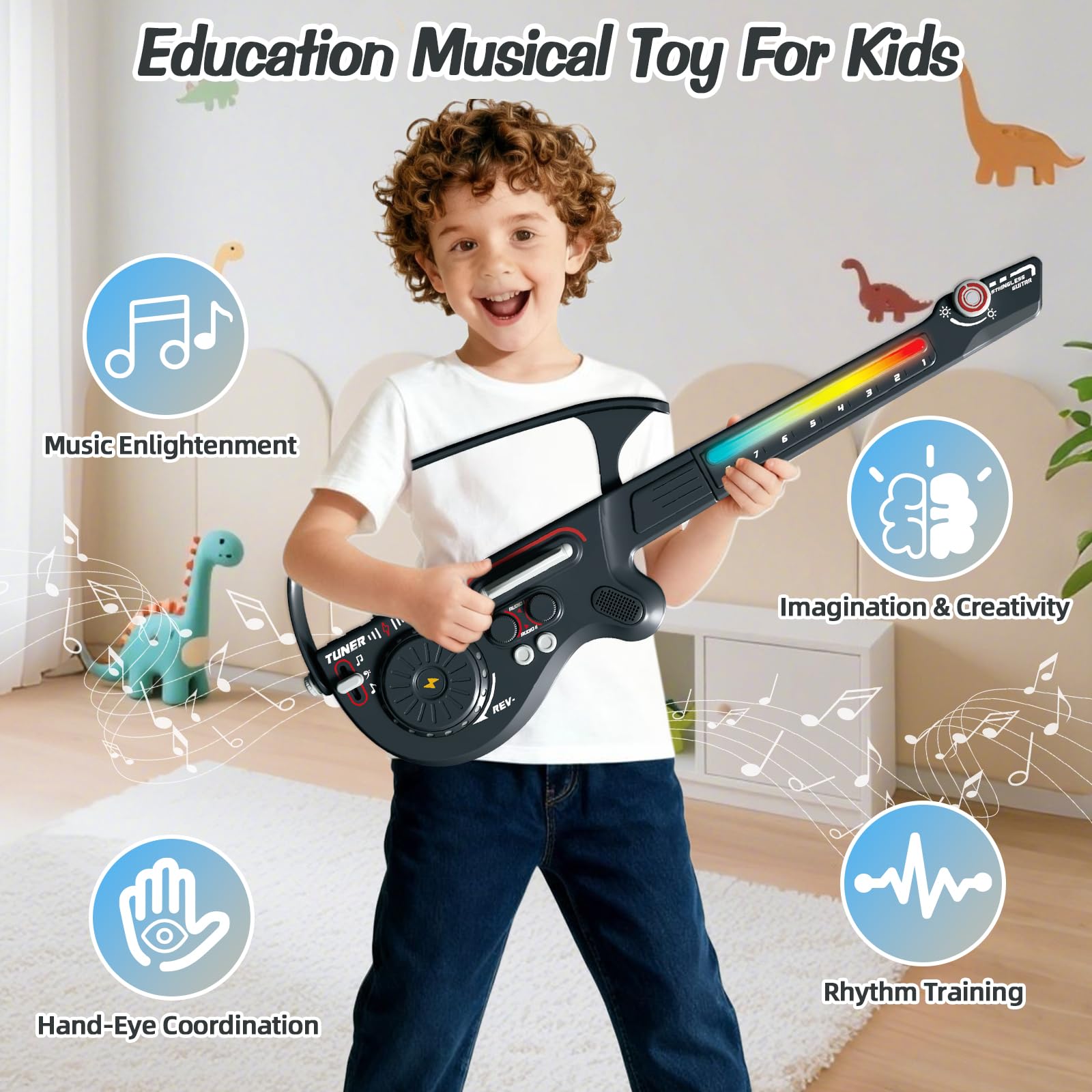 RedCrab Guitarras Musicales para Niños, Guitarras Eléctricas Inteligentes sin Cuerdas con Tocadiscos DJ, Bluetooth y Luces, Set de Guitarras de Juguete para Principiantes en la Educación Music (negro)