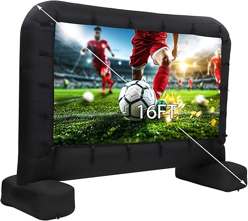 Pantalla de proyector de película inflable de 16 pies, pantalla de cine al aire libre con soplador de aire silencioso y bolsa de almacenamiento,