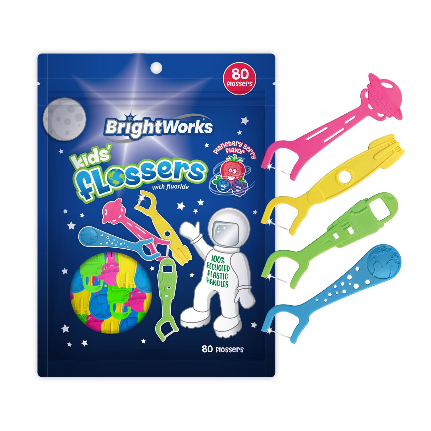 Kids Fun Space Flossers, Mixed Berry Flavor Fluoride [240 Floss Picks Total] Colorful Space Shapes: Astronaut, Rocketship, UFO, Earth. 100% Recycled Plastic Material. 80 Count (Pack of 3)