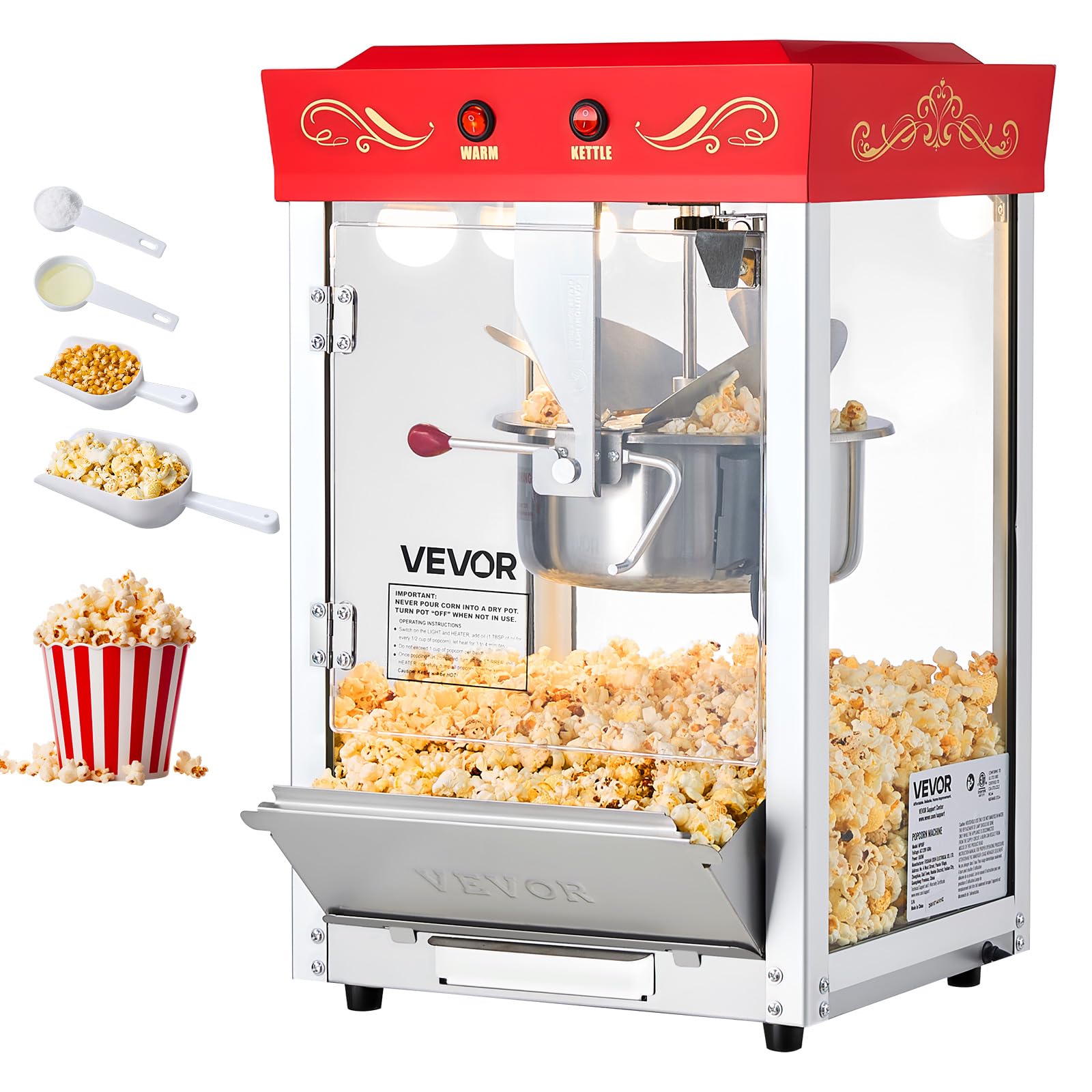 VEVOR Macchina per Popcorn, Bollitore in Acciaio Inox da 0,2 kg, 800 W, 48 Tazze per Dose, Stile Cinema, con Controllo a 2 Pulsanti, con Parete in Vetro, 1 Misurino, 3 Cucchiai, Rosso