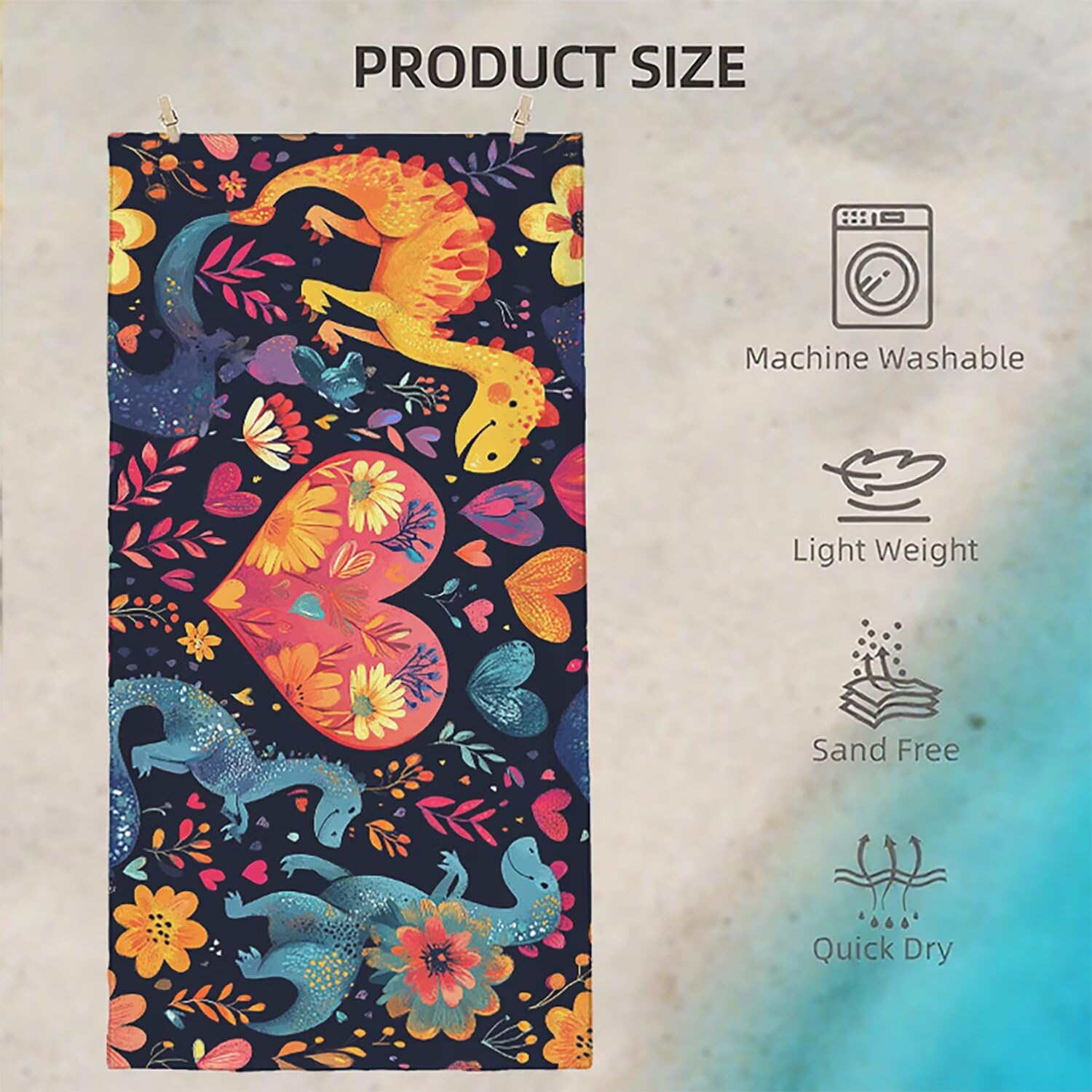 Toalla Playa Microfibra 150x200 Dinosaurio Diseño Absorbente Sin Arena Toalla Playa, con Cuerda Elástica, Ligero, Hombre, Mujer Ideal Toallas de Baño, Aplicable Gimnasio,Viajes, Natación, Color p-64