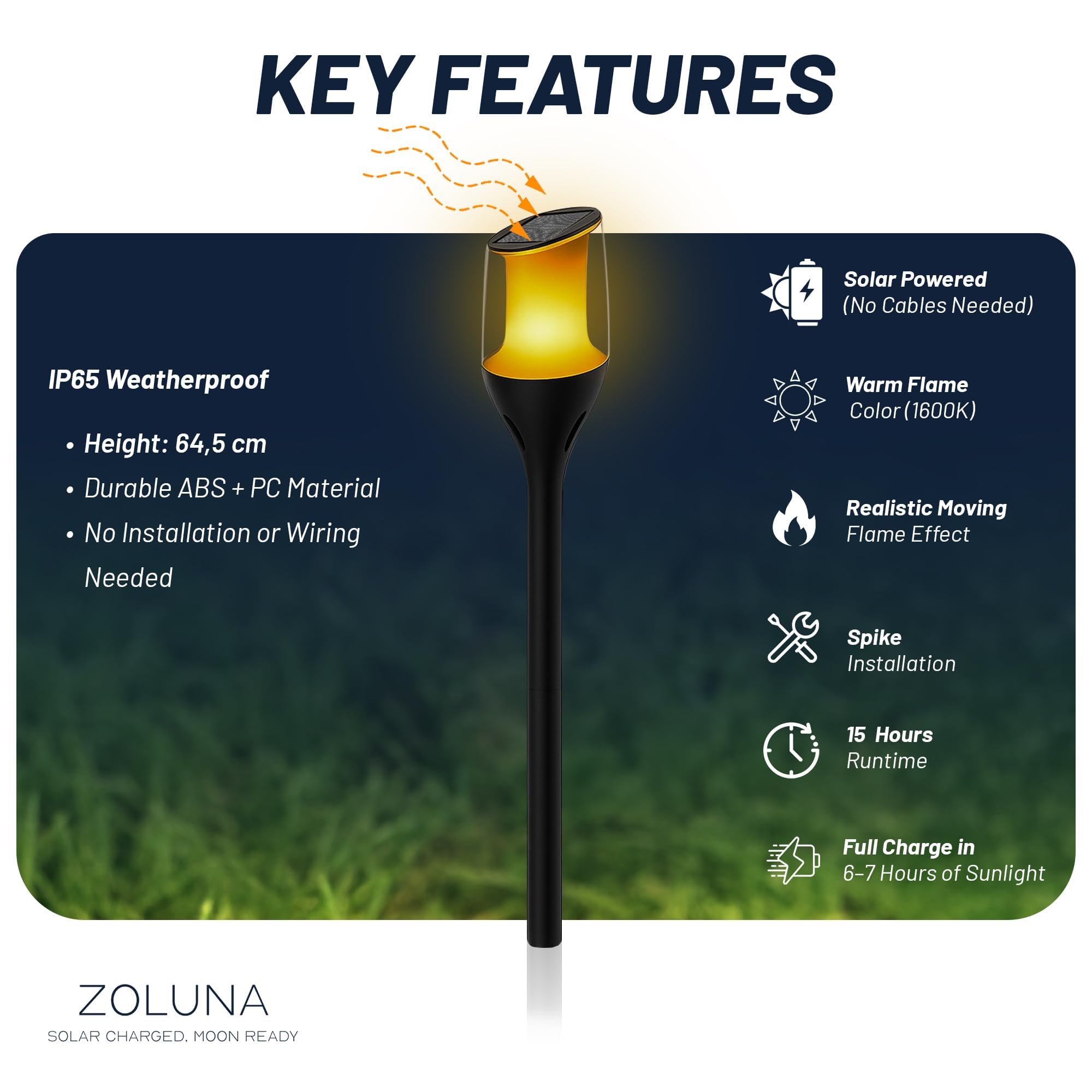 ZOLUNA Solar Gartenfackel Anky 4er Set – Realistischer Flammeneffekt – IP65 Wasserdicht – Bis zu 16h Leuchtdauer – Solarlampe für Außen, Garten, Terrasse & Wege – Warmweiß (1600K)