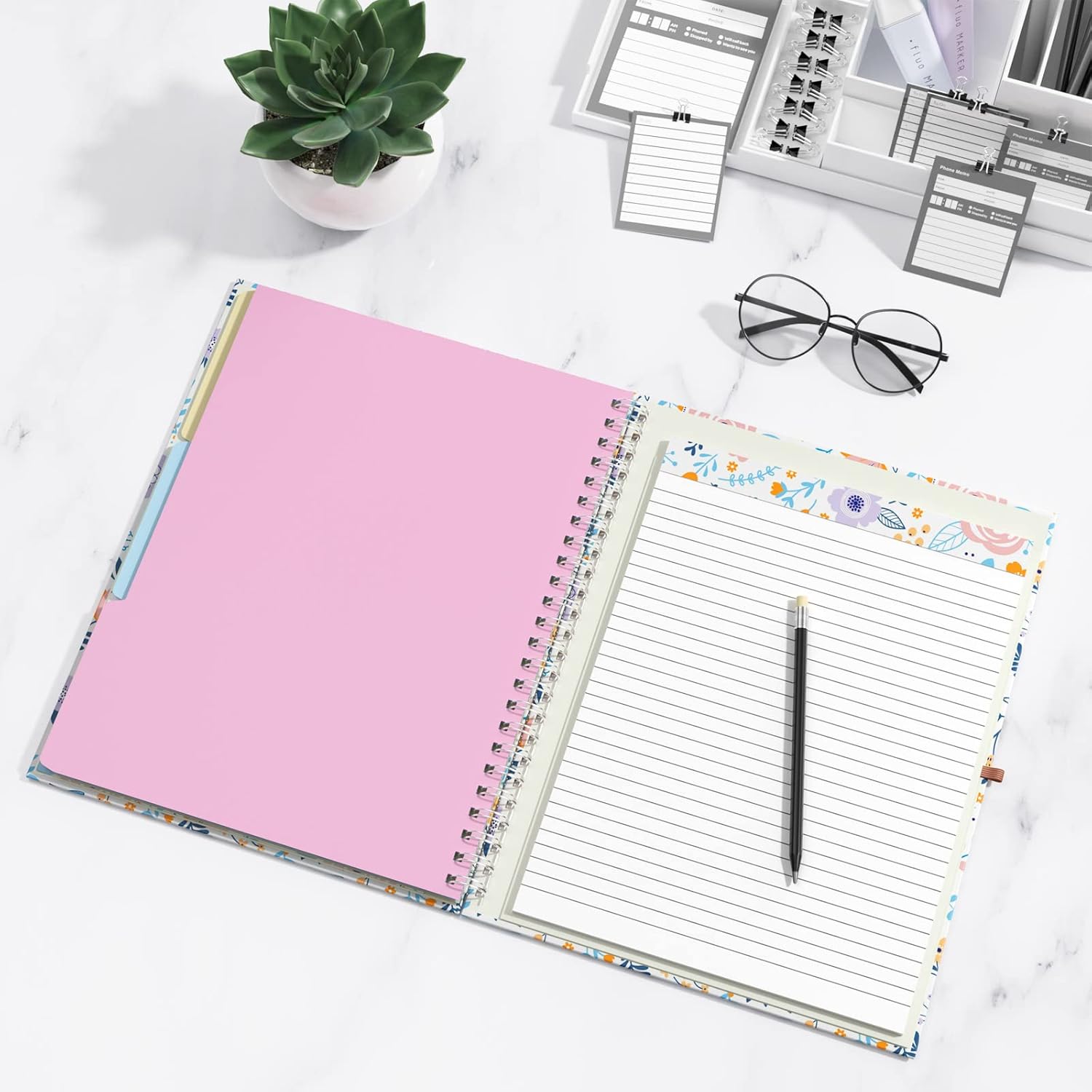 Rimilak Spiral Clipboard Folio with Refillable Lined Notepad, 14.5 x 9.8 in, Hardcover Cover with 5 Interior Pockets, Elastic Band and Pen Loop Series. Cute Stylish Clipfolio, Purple Flower
