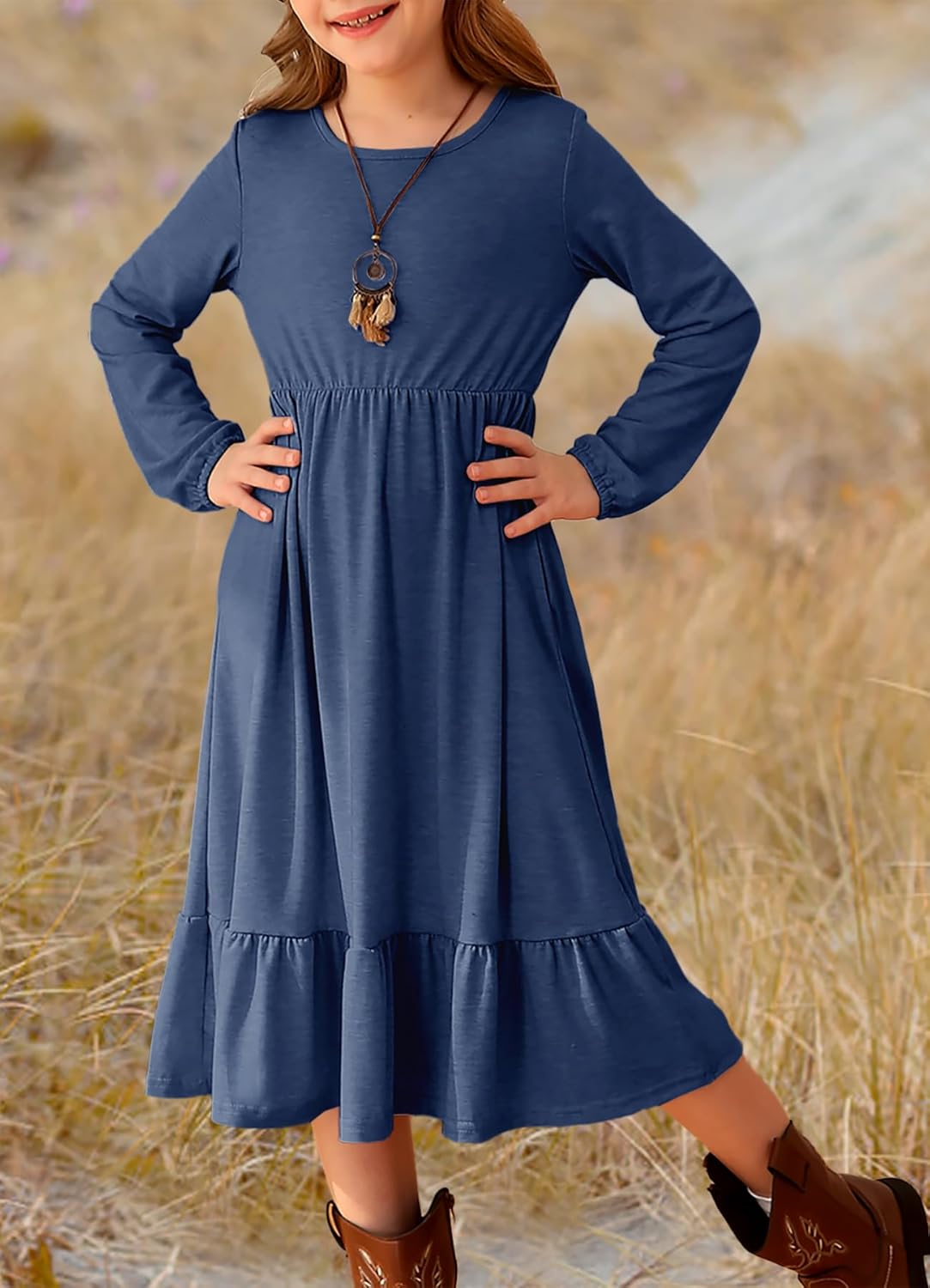 MITILLY Girls Fall Boho Dress Kid Long Sleeve Tween Casual Ruffled Hem Swing Loose Flowy Tiered Midi Dress with Pockets - Image 4